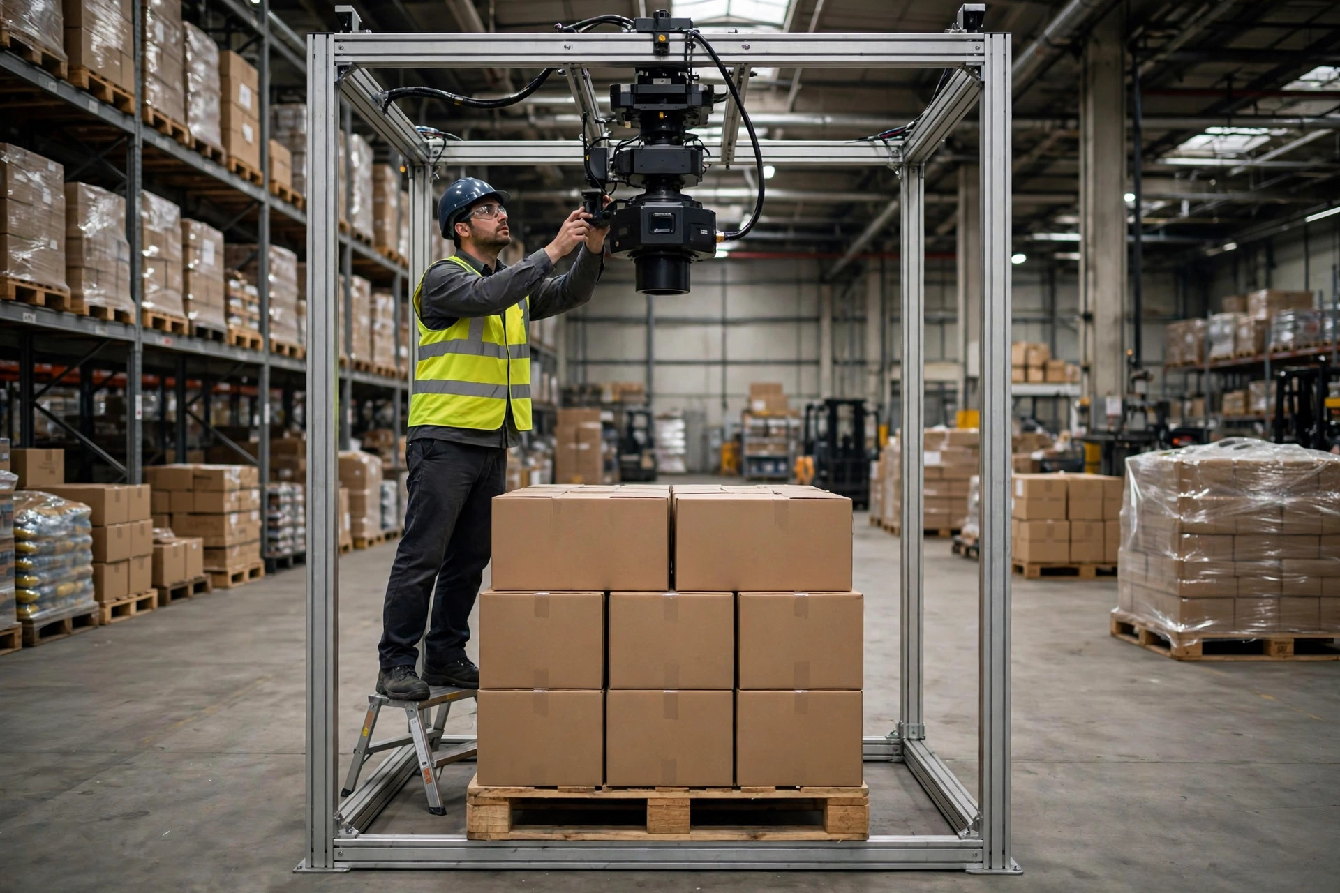 An engineer adjusting a 3D camera over a pallet dimensioning station