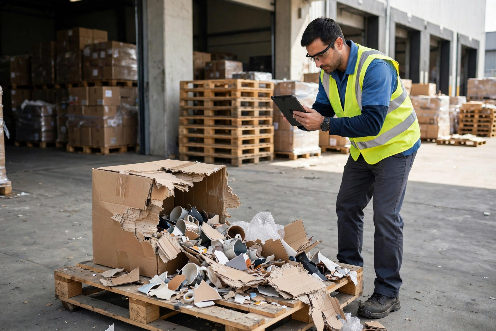 Warehouse worker documenting damaged pallets with a tablet on the loading dock