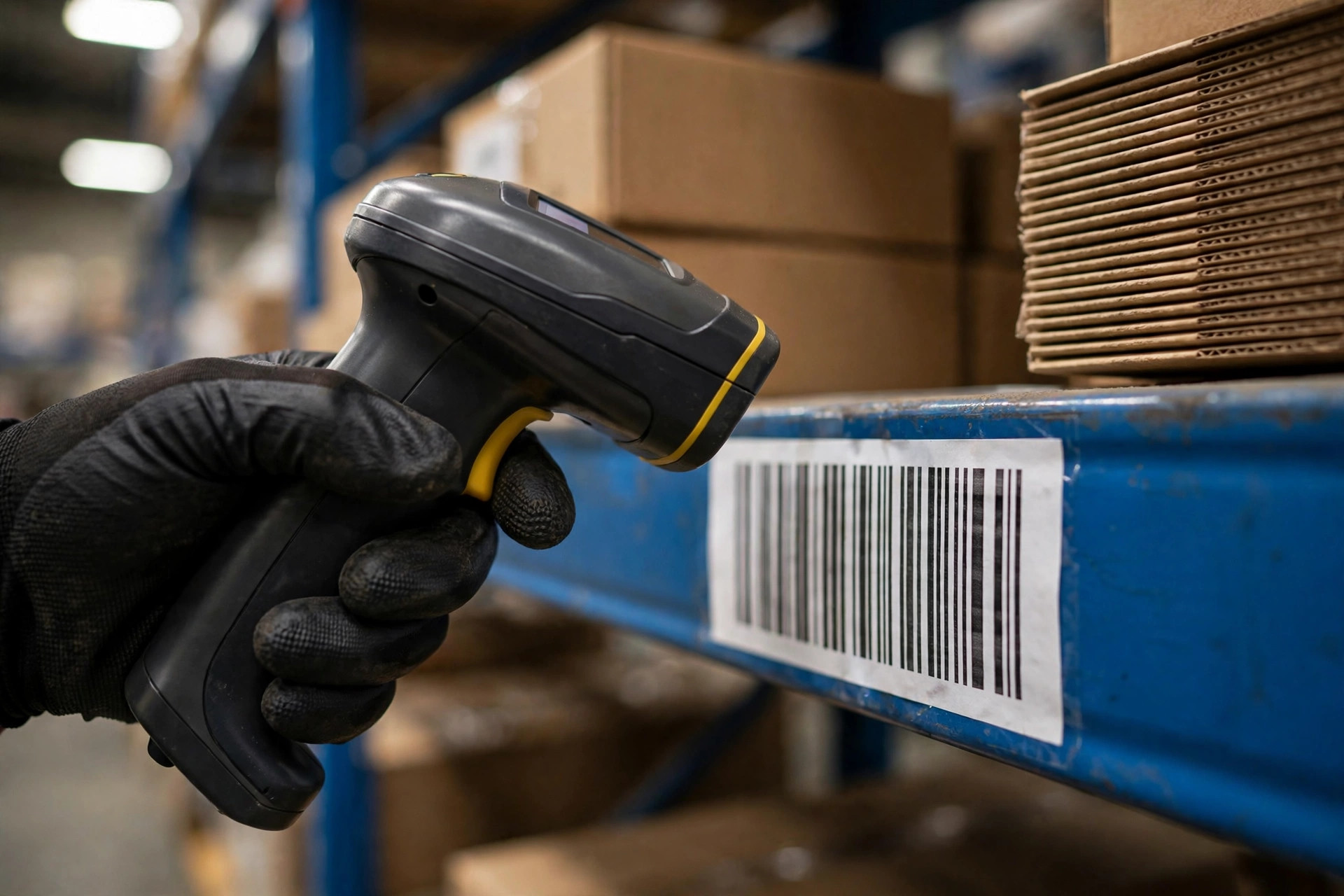 Worker scanning a rack slot barcode with a handheld RF scanner