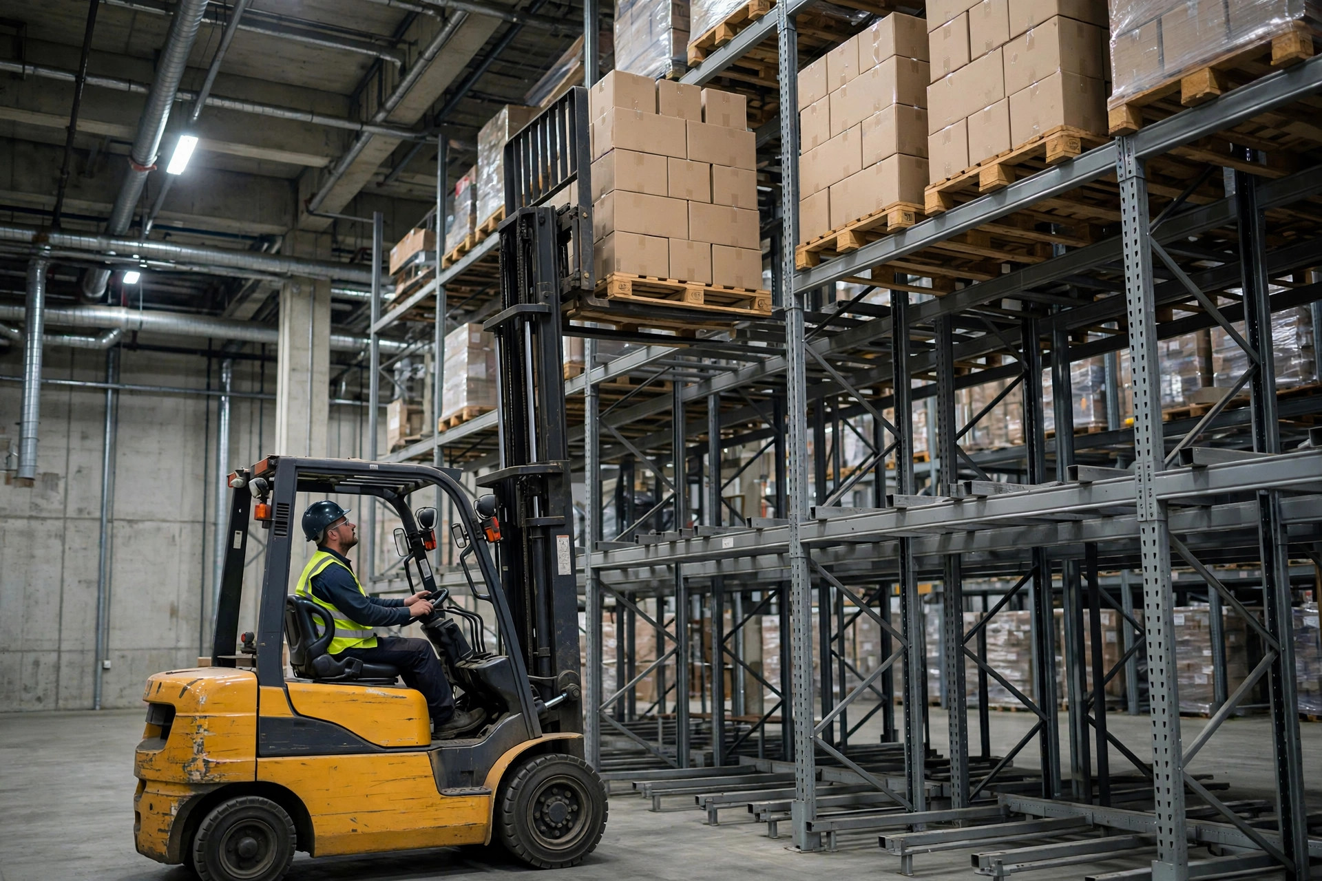 Forklift driver placing a pallet into a high rack slot during replenishment