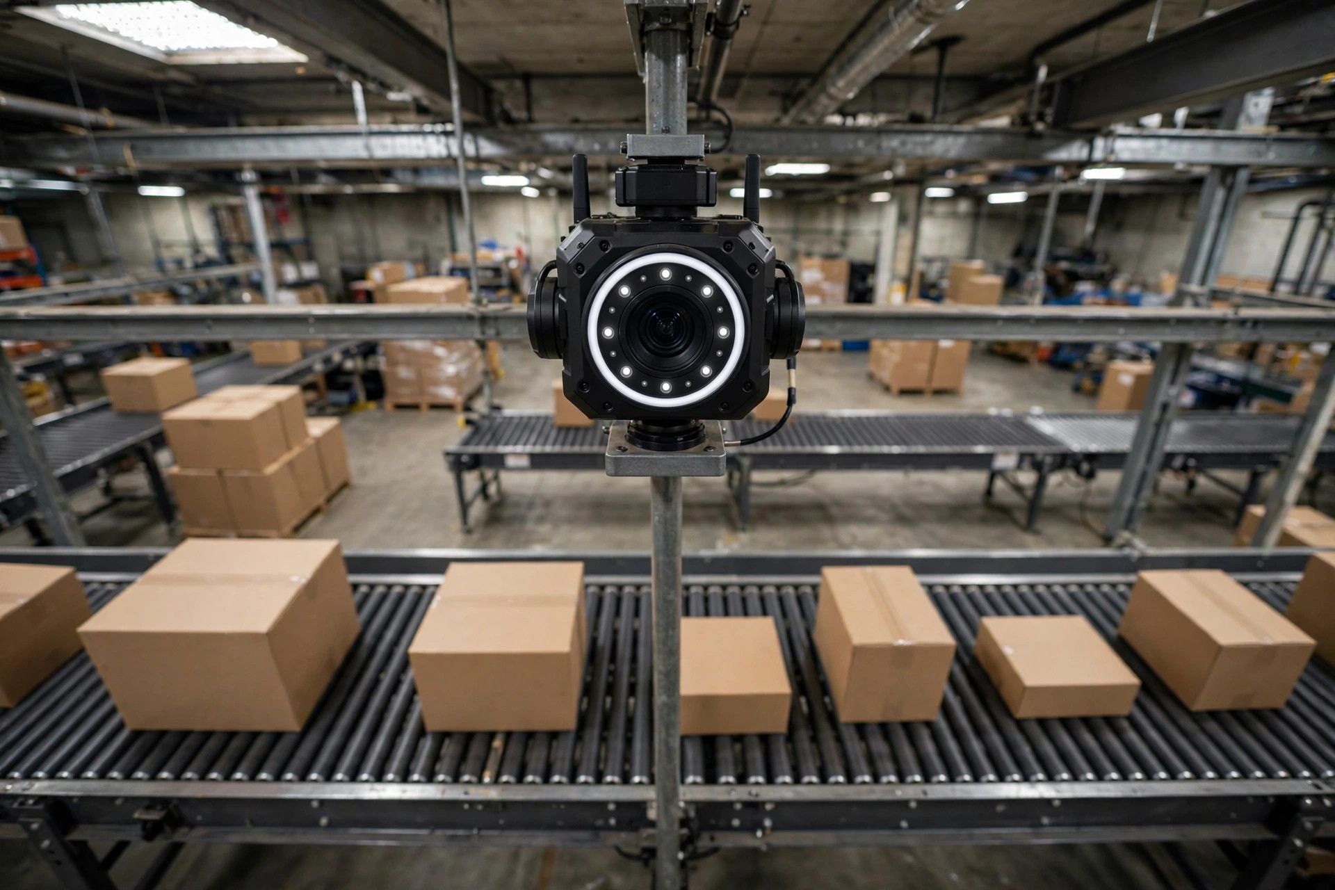 Overhead inspection camera performing visual quality checks on parcels on a conveyor