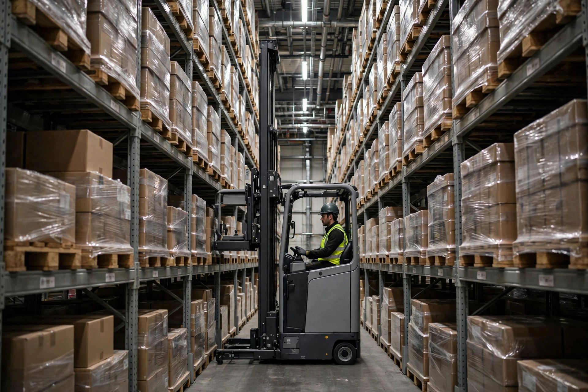 Narrow-aisle reach truck working between tall pallet racks