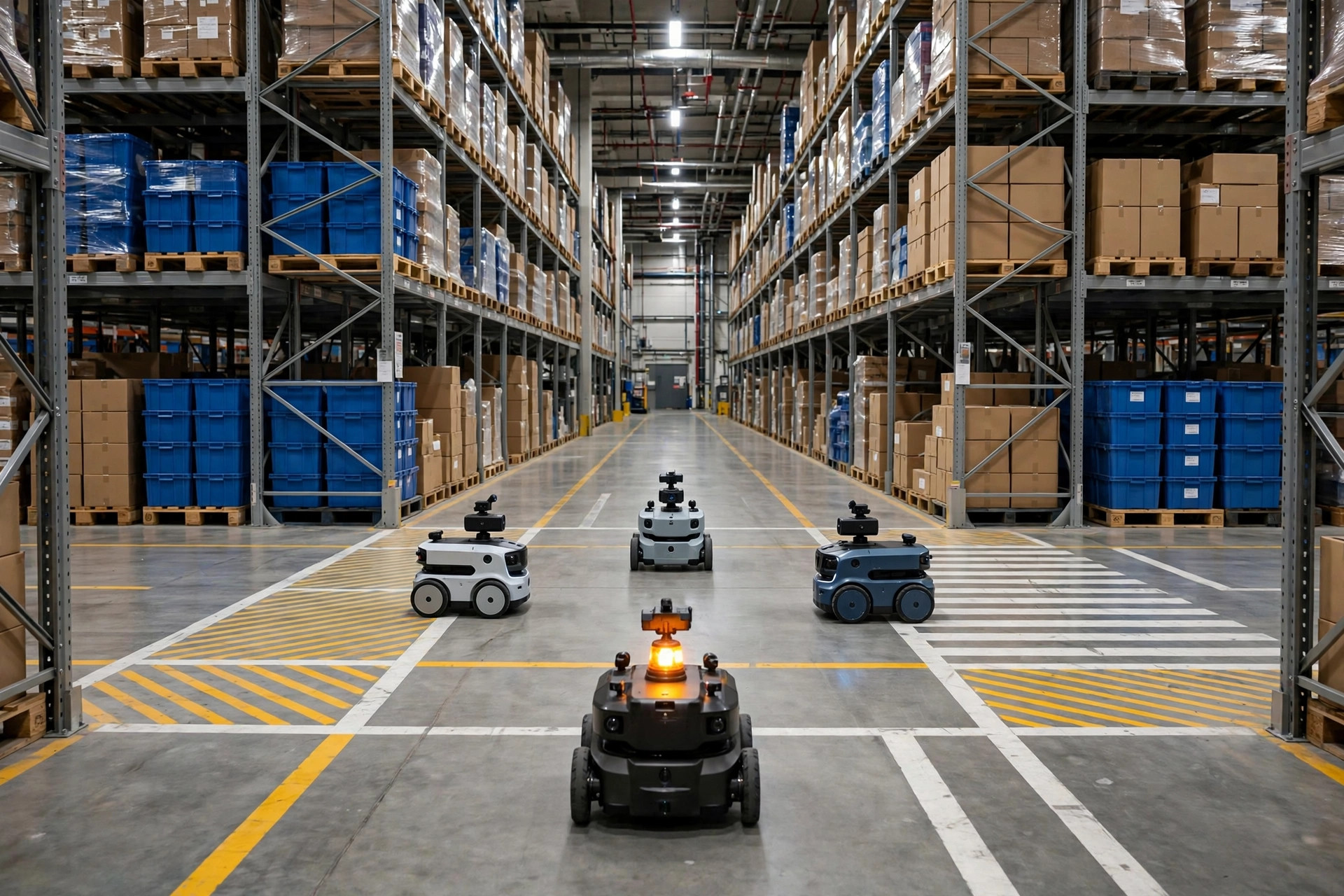 Multiple AMRs queued and waiting at a narrow aisle intersection