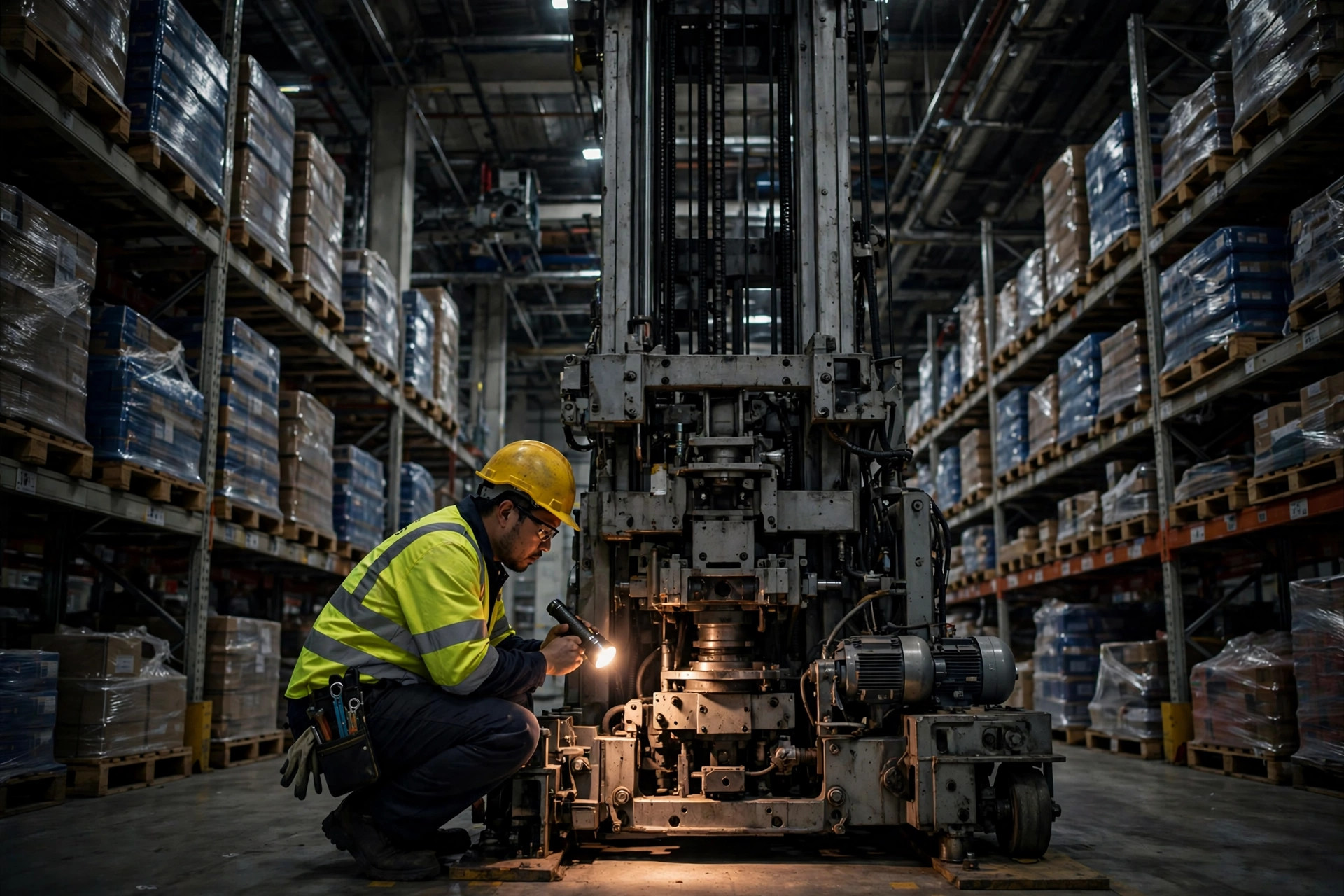 Engineer inspecting a stacker crane after a power outage
