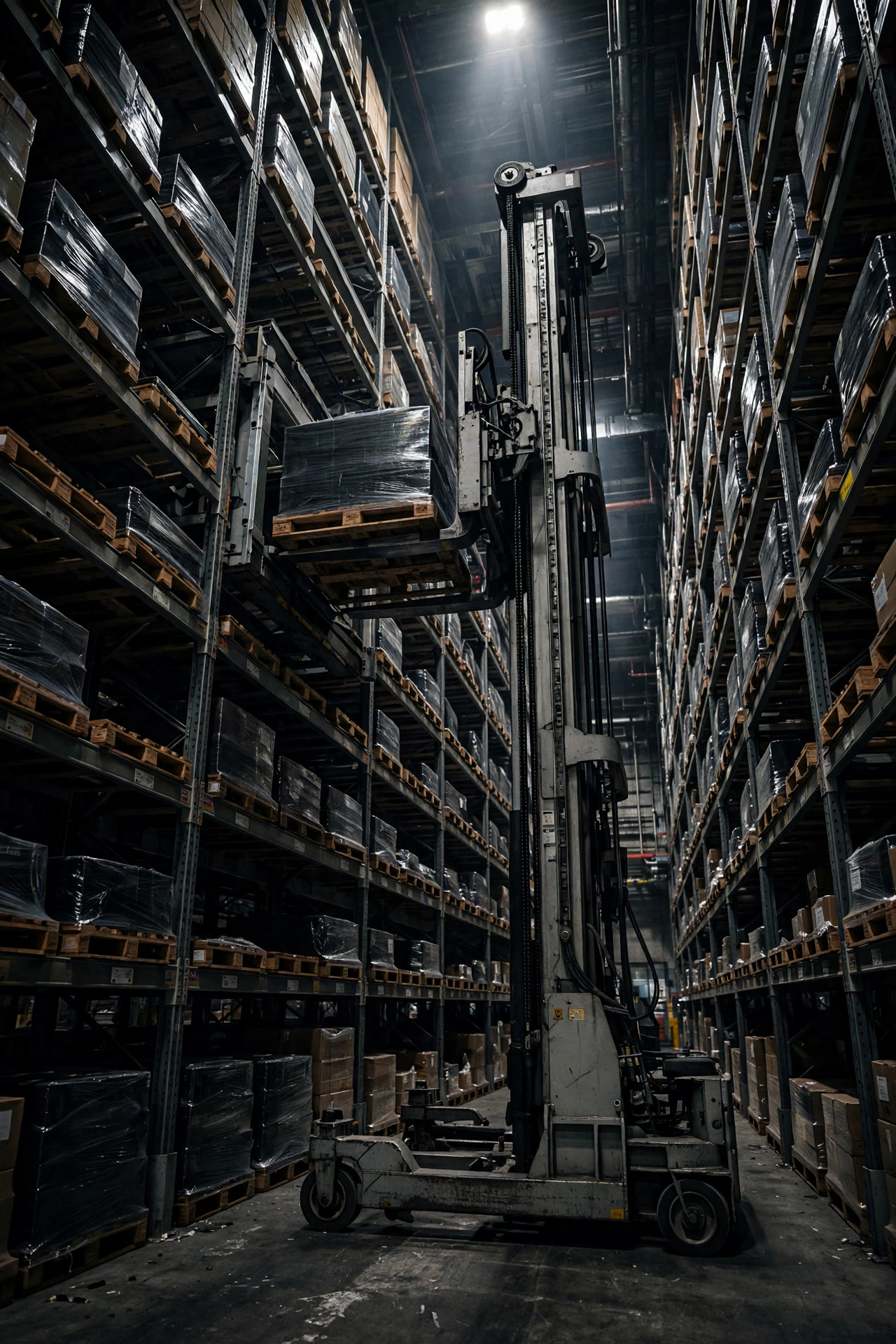 Stacker crane placing a pallet into a high slot in an AS/RS high-bay aisle