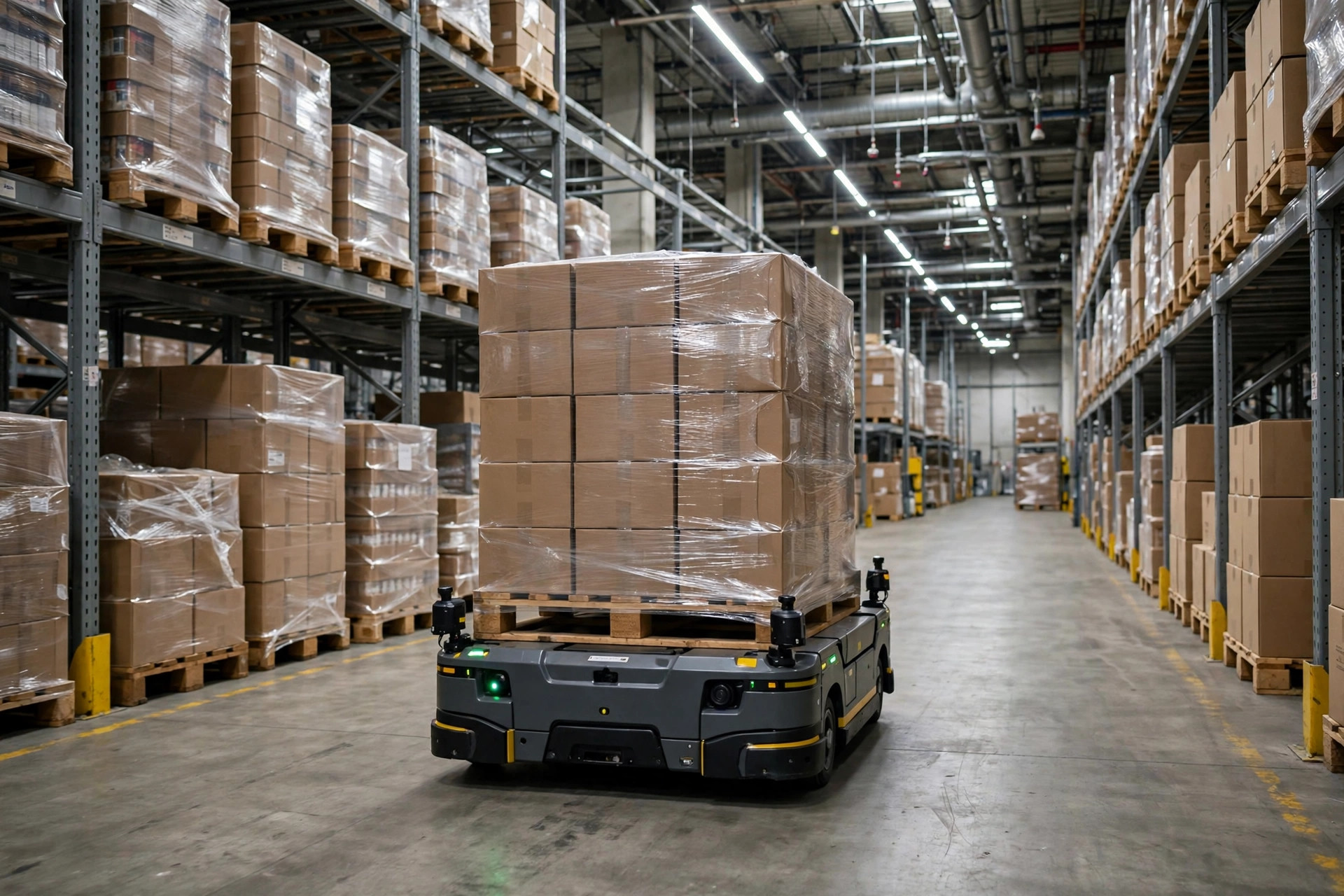 AGV carrying a full pallet of cartons down a warehouse aisle