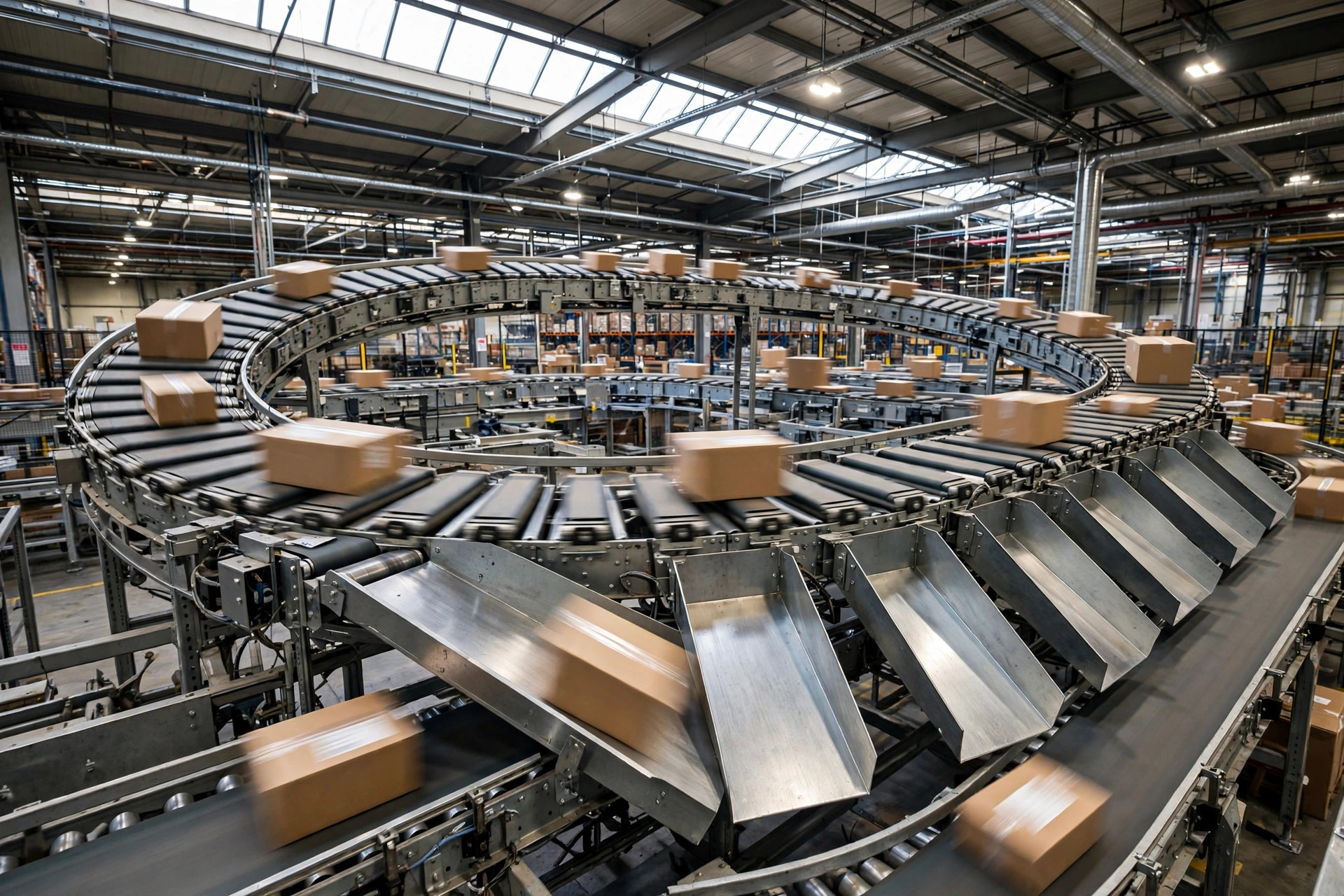 AMR robots transporting totes in a warehouse aisle