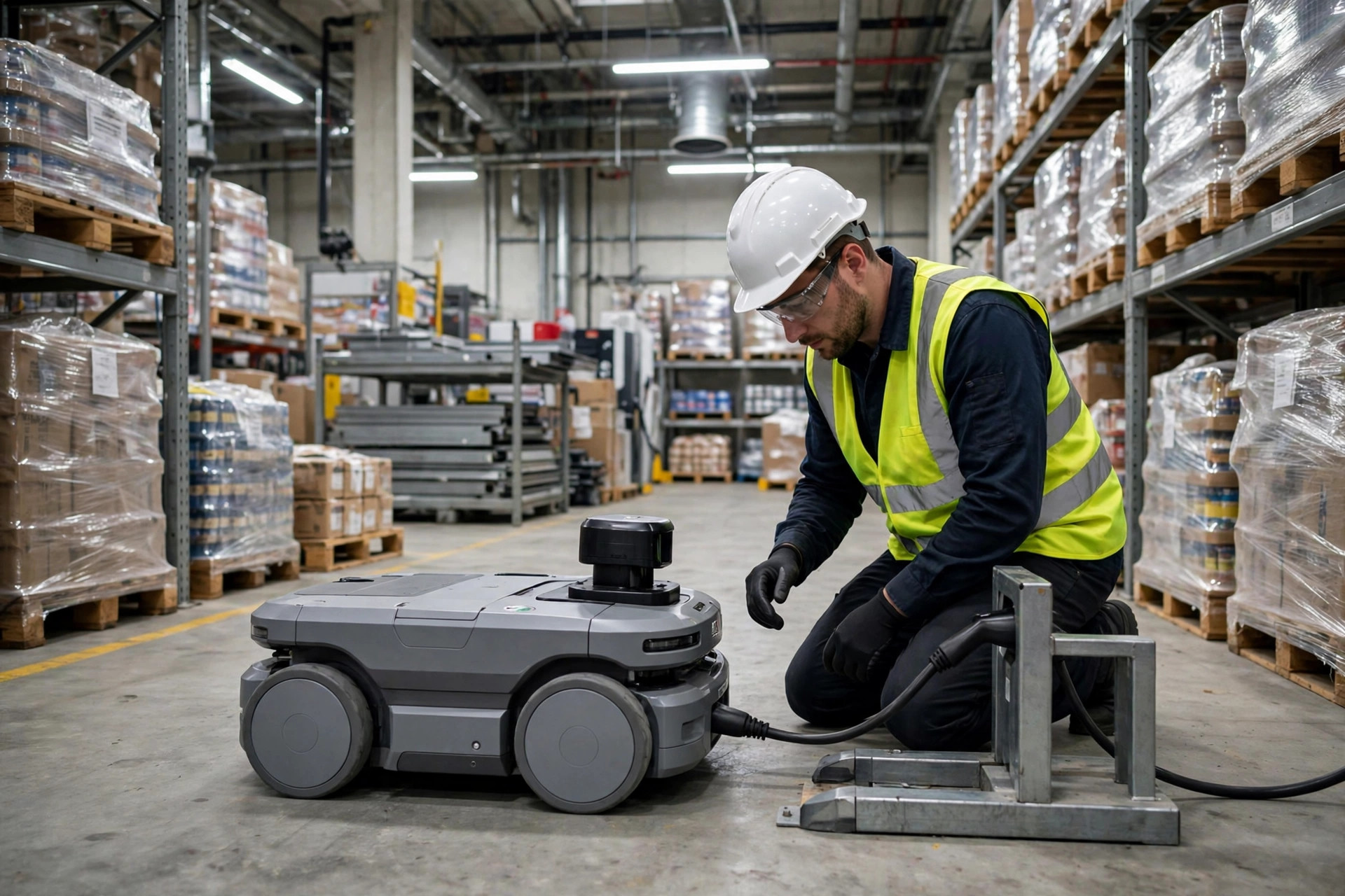 Technician inspecting an AGV docked at its charging station