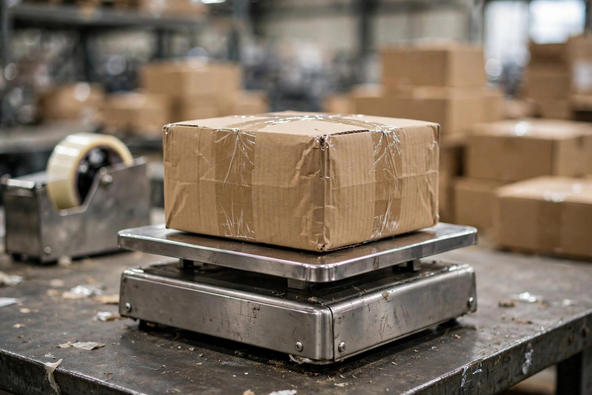 Parcel being weighed on an industrial bench scale at a pack station
