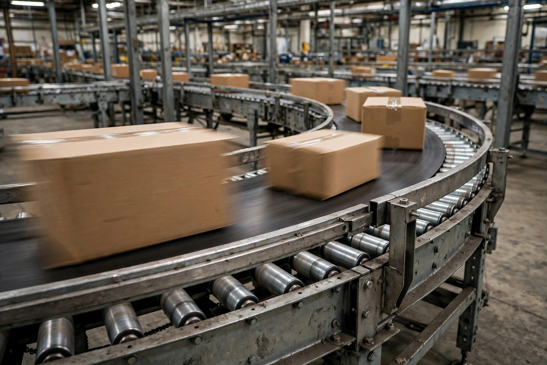 Close-up of a 90-degree conveyor curve section