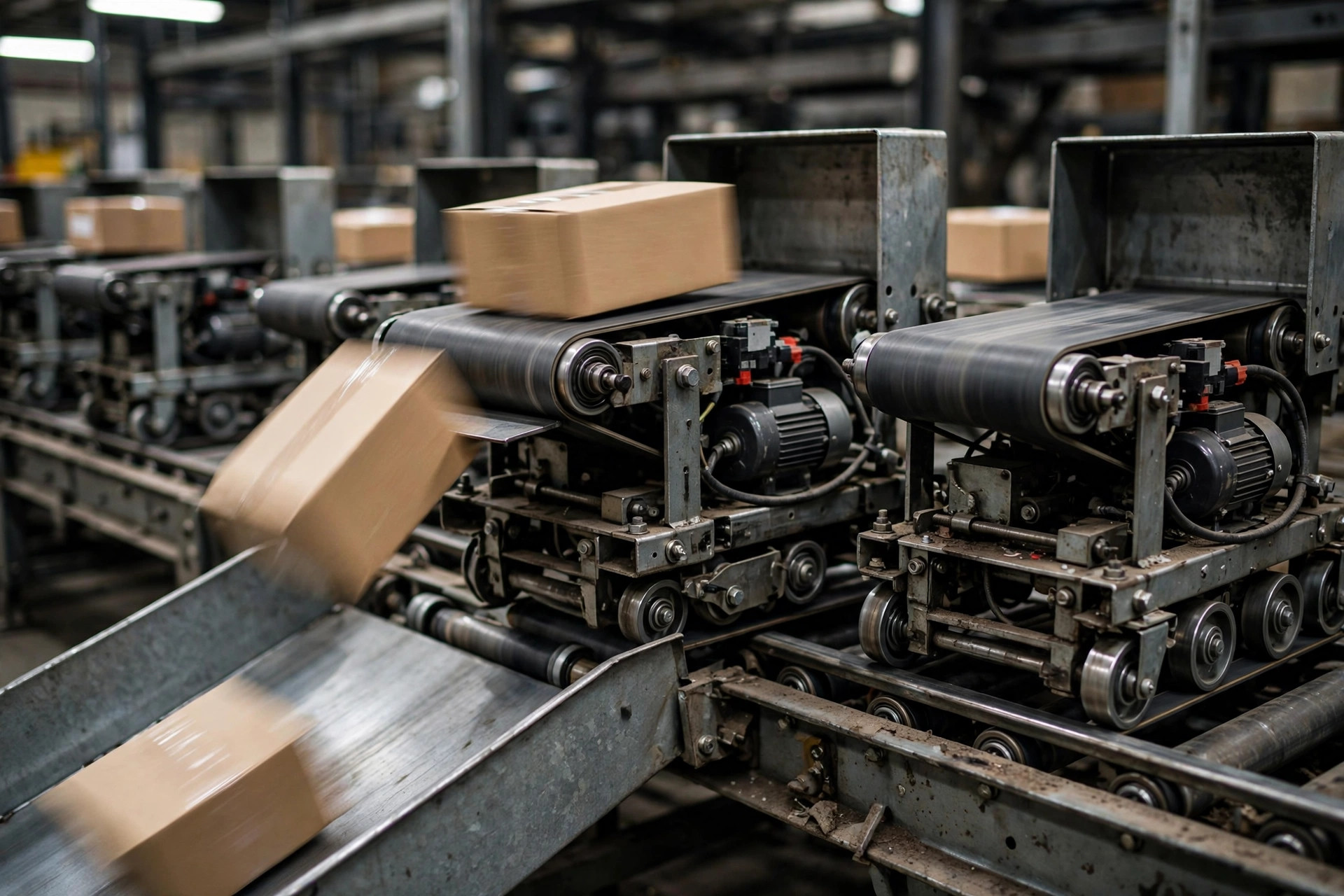 Close-up of cross-belt sorter carrier cars discharging