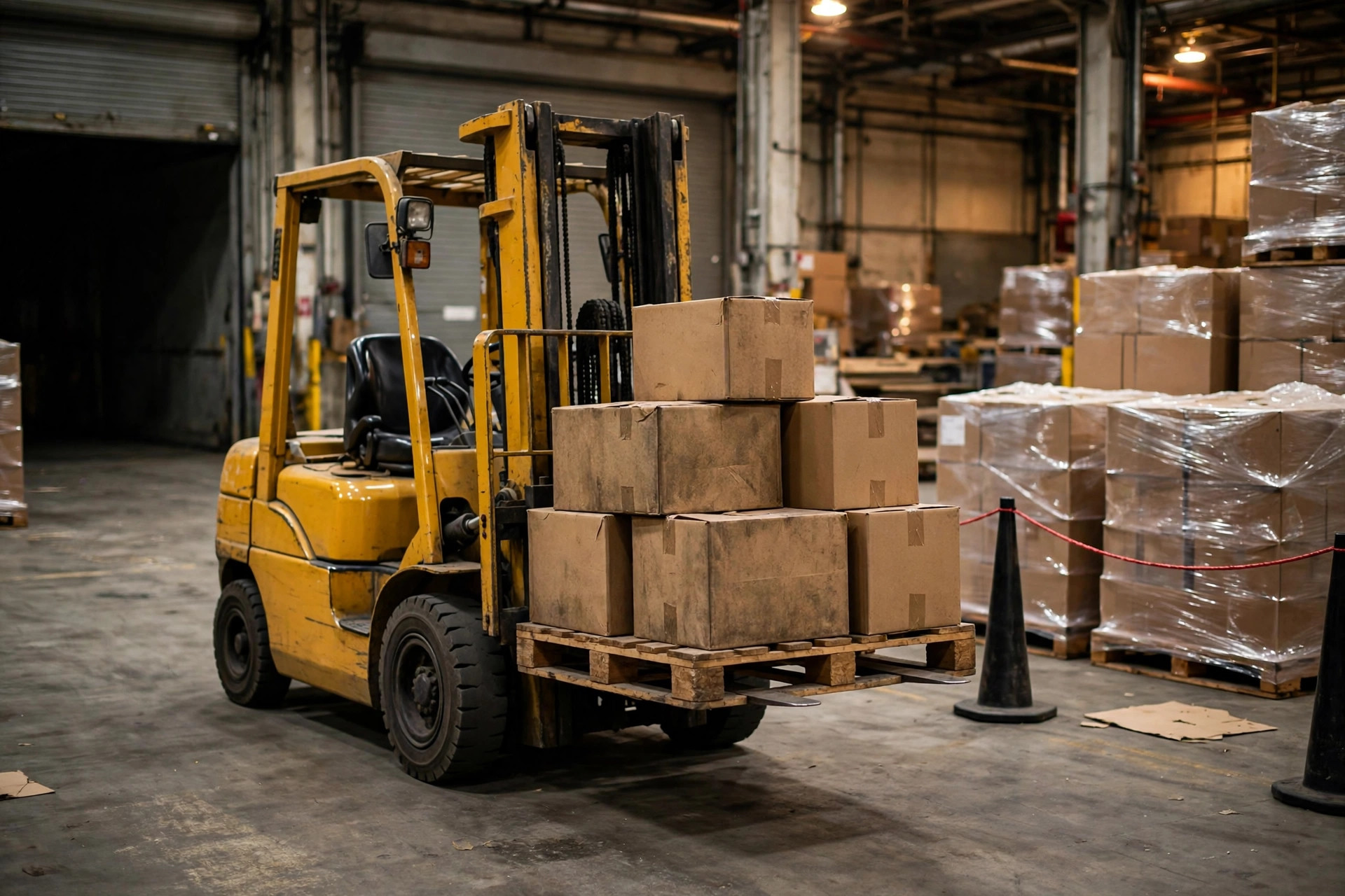 A forklift moving pallets of long-unsold inventory from warehouse racking to a clearance staging area
