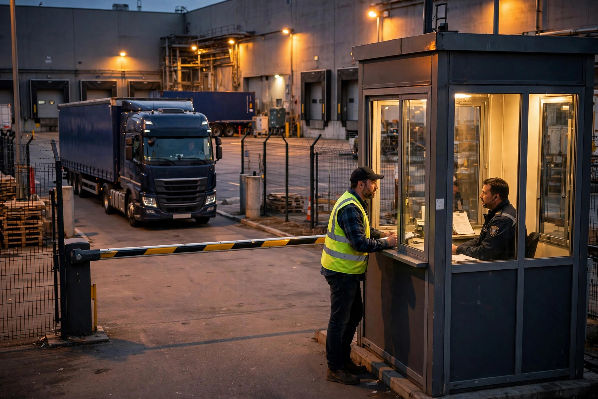 Truck checking in at a warehouse gate