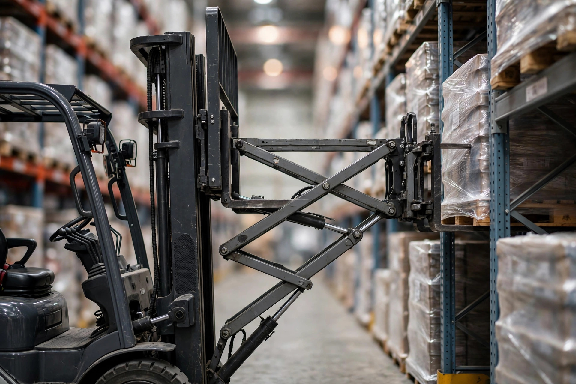 A reach truck with telescopic forks placing a pallet into the deep position of double-deep racking