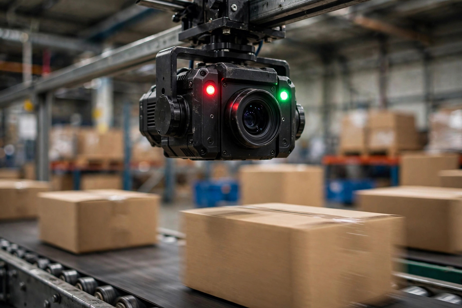 AI vision camera inspecting boxes over a conveyor