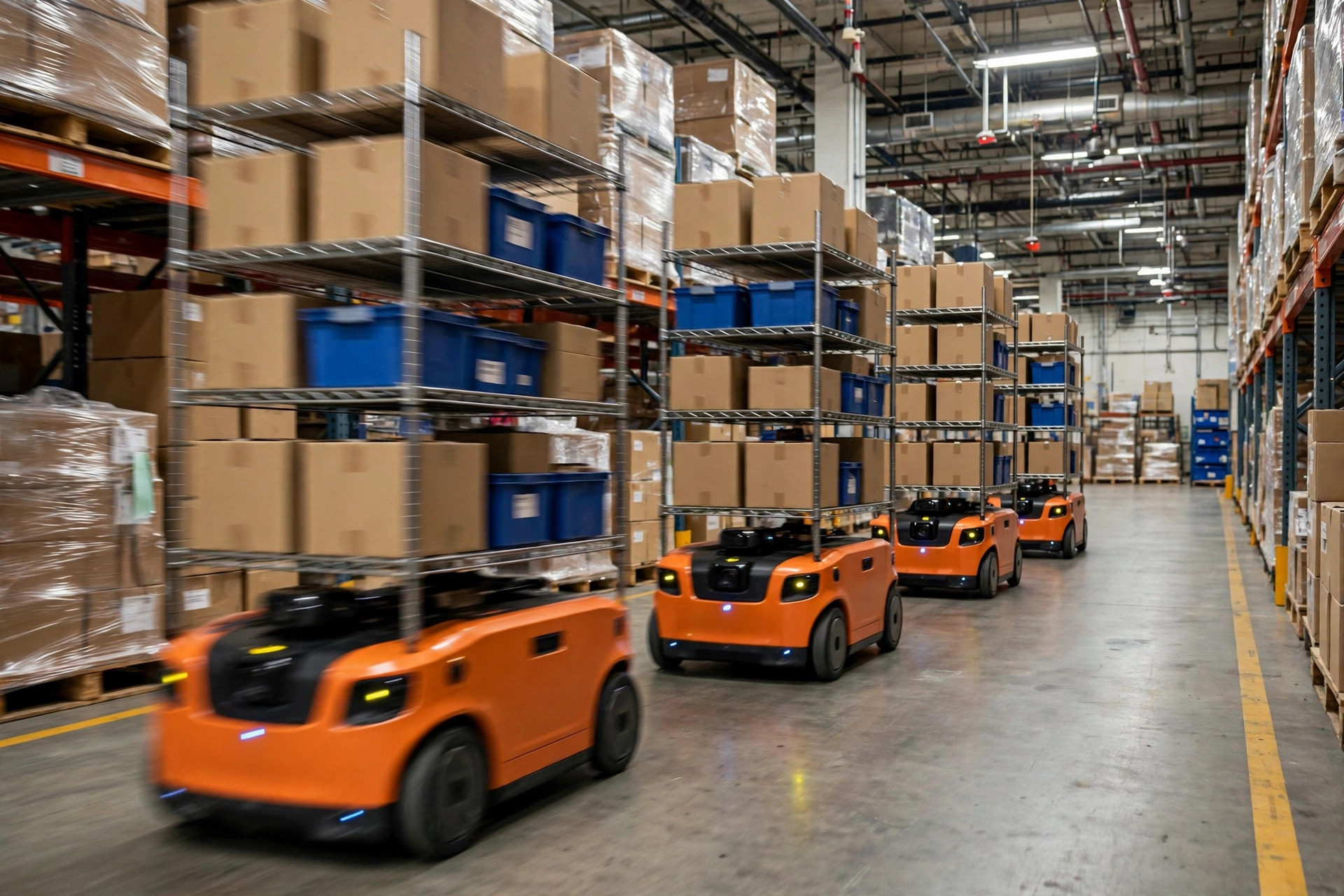 AMR robots carrying racks down a warehouse aisle