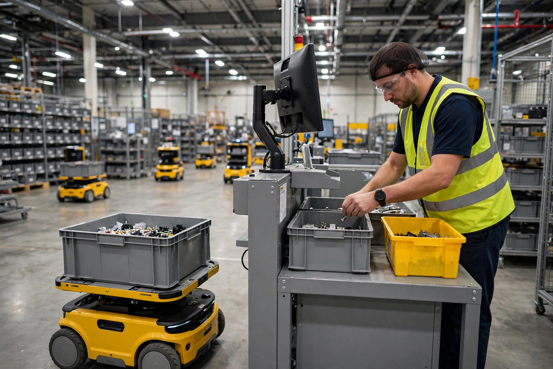 Worker picking at a goods-to-person station