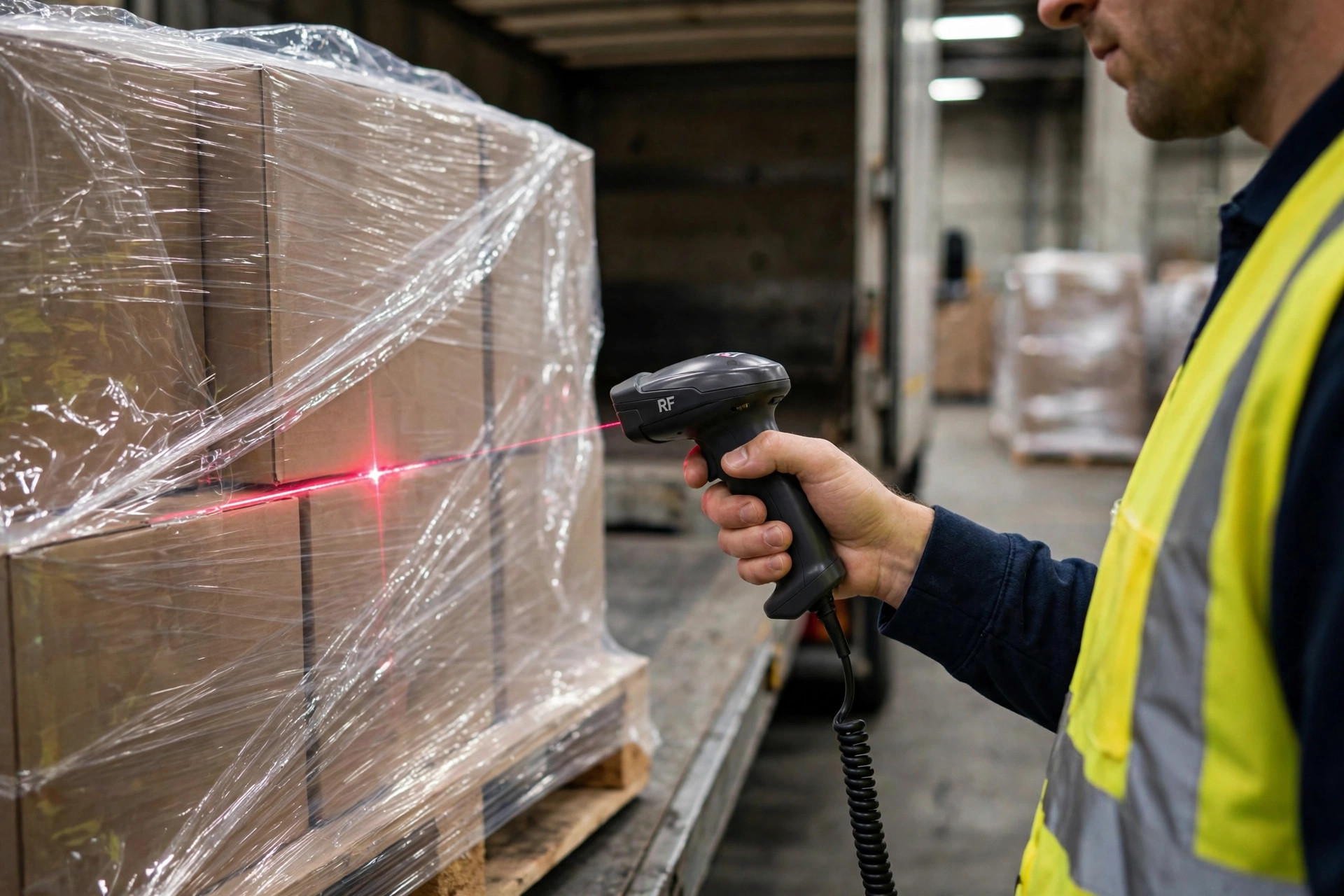 Scanning a pallet with an RF gun at the receiving dock