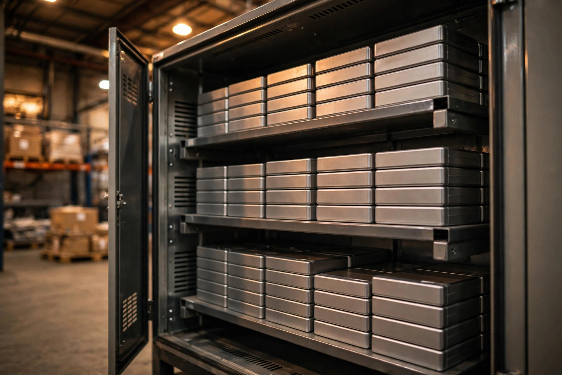 Dedicated fire-rated lithium battery storage area in a warehouse