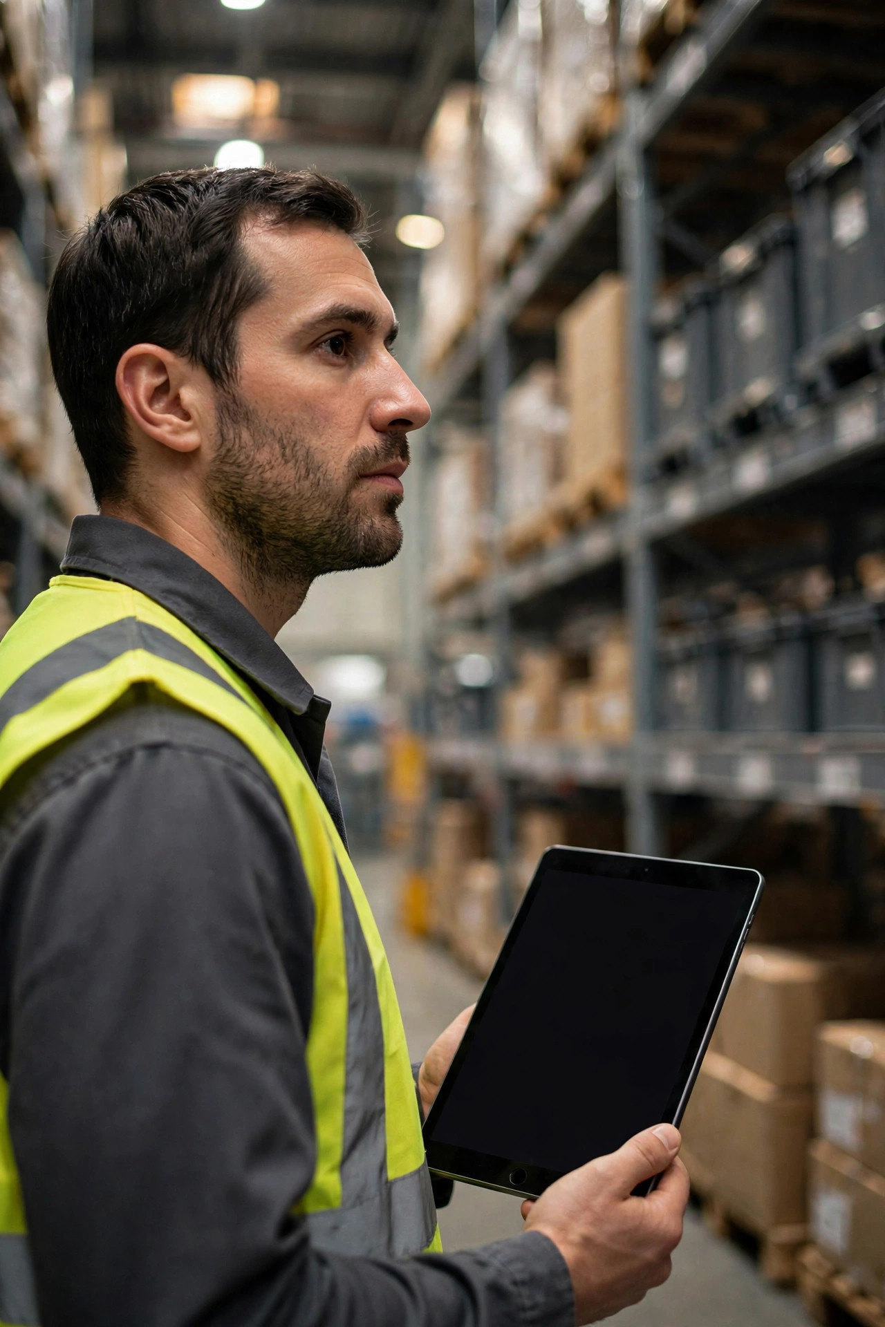 A new hire consulting the SOP Q&A bot on a tablet between the racks