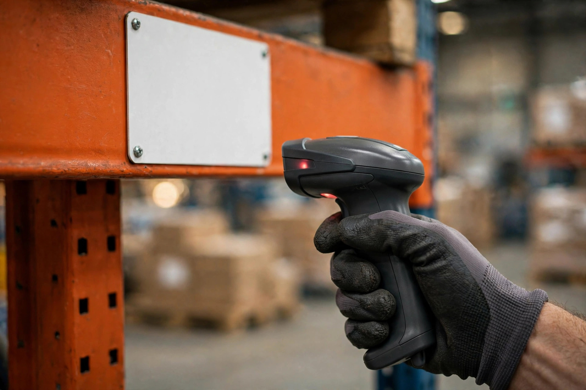 Picker scanning a location label in a warehouse racking aisle
