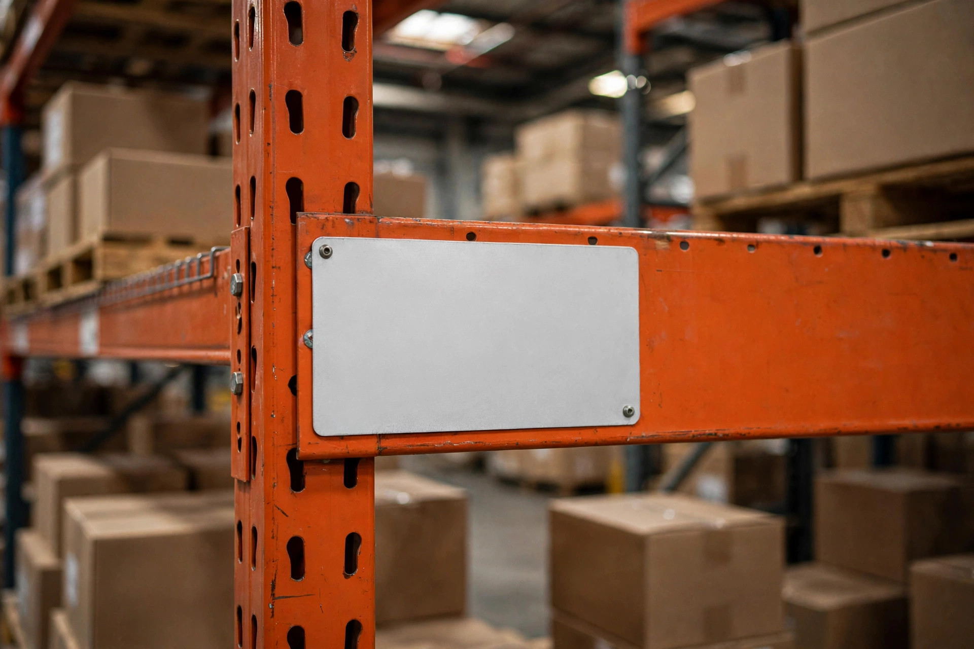 Close-up of a blank location identification plate on racking