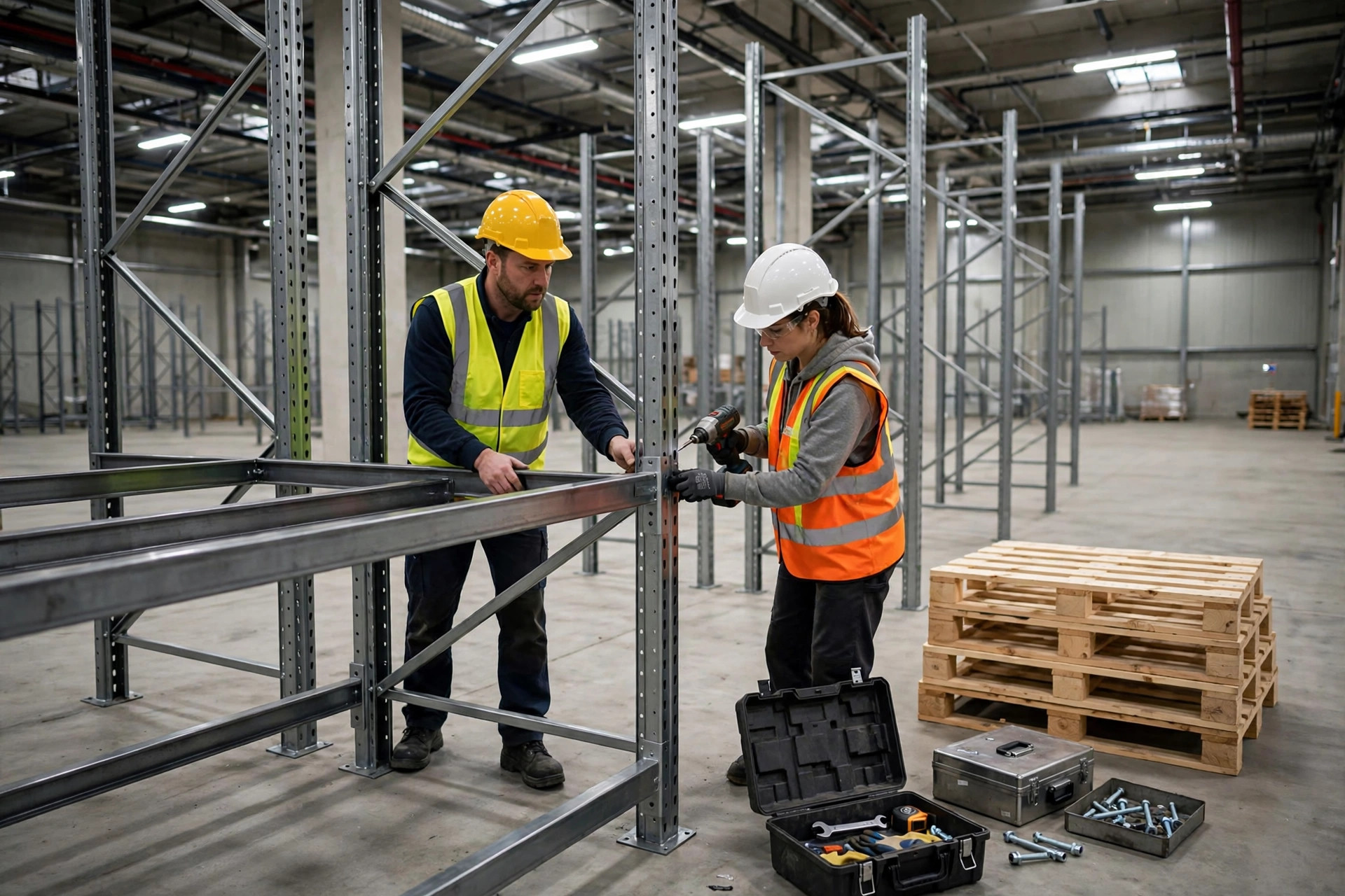Workers installing racking beams in the new warehouse