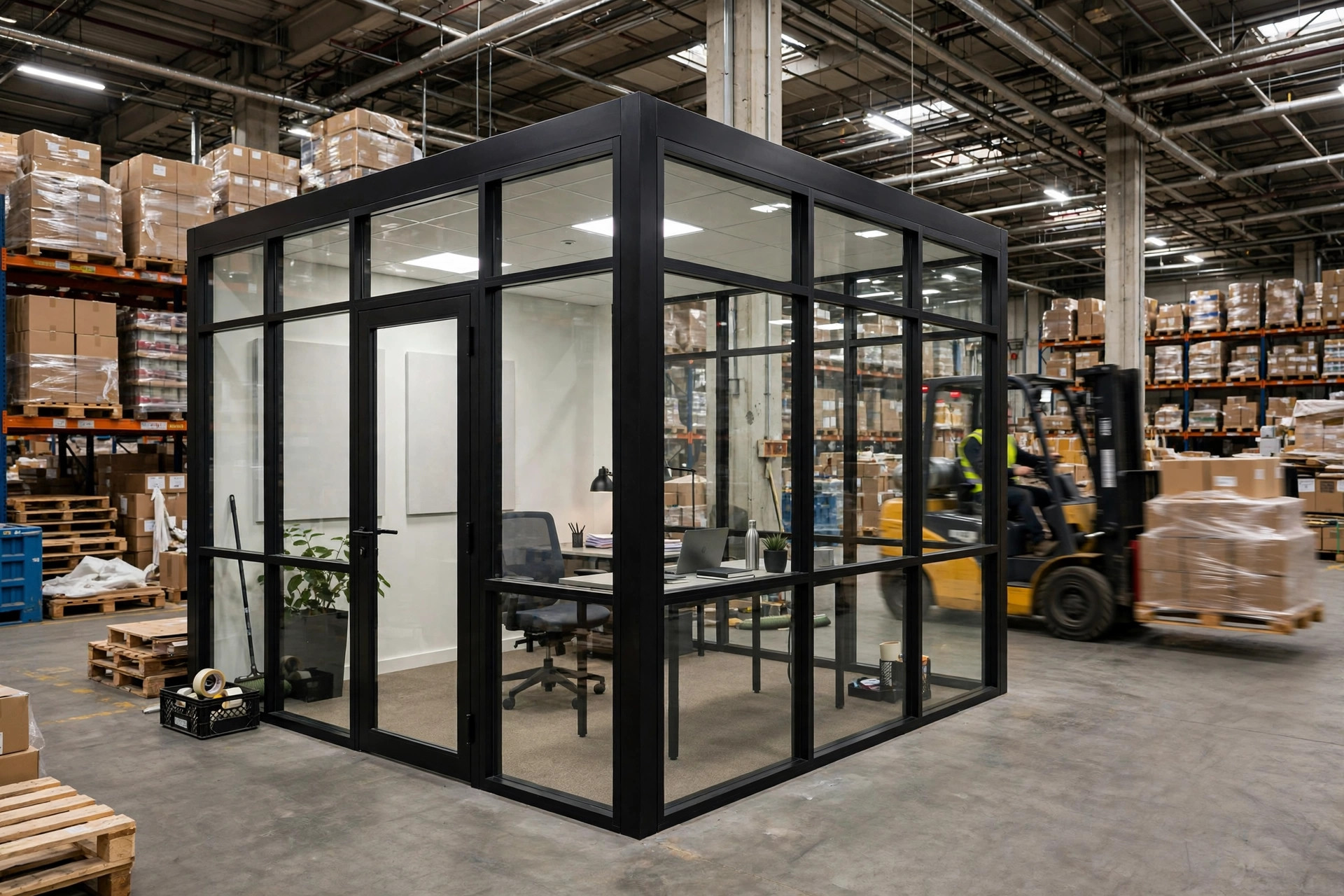 A partition-walled office on the warehouse floor with a forklift working nearby