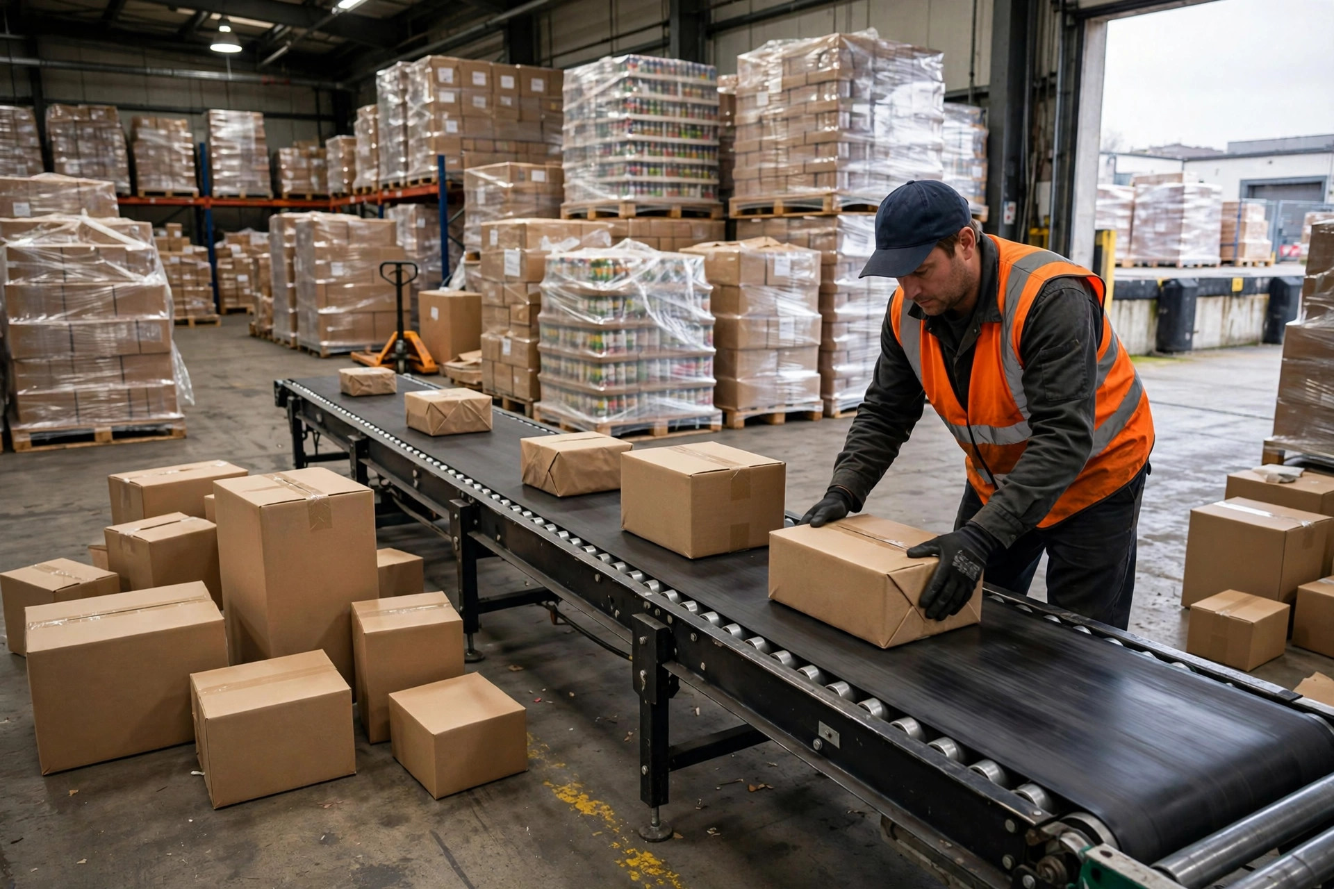 Warehouse worker sorting outbound cartons at a packing station