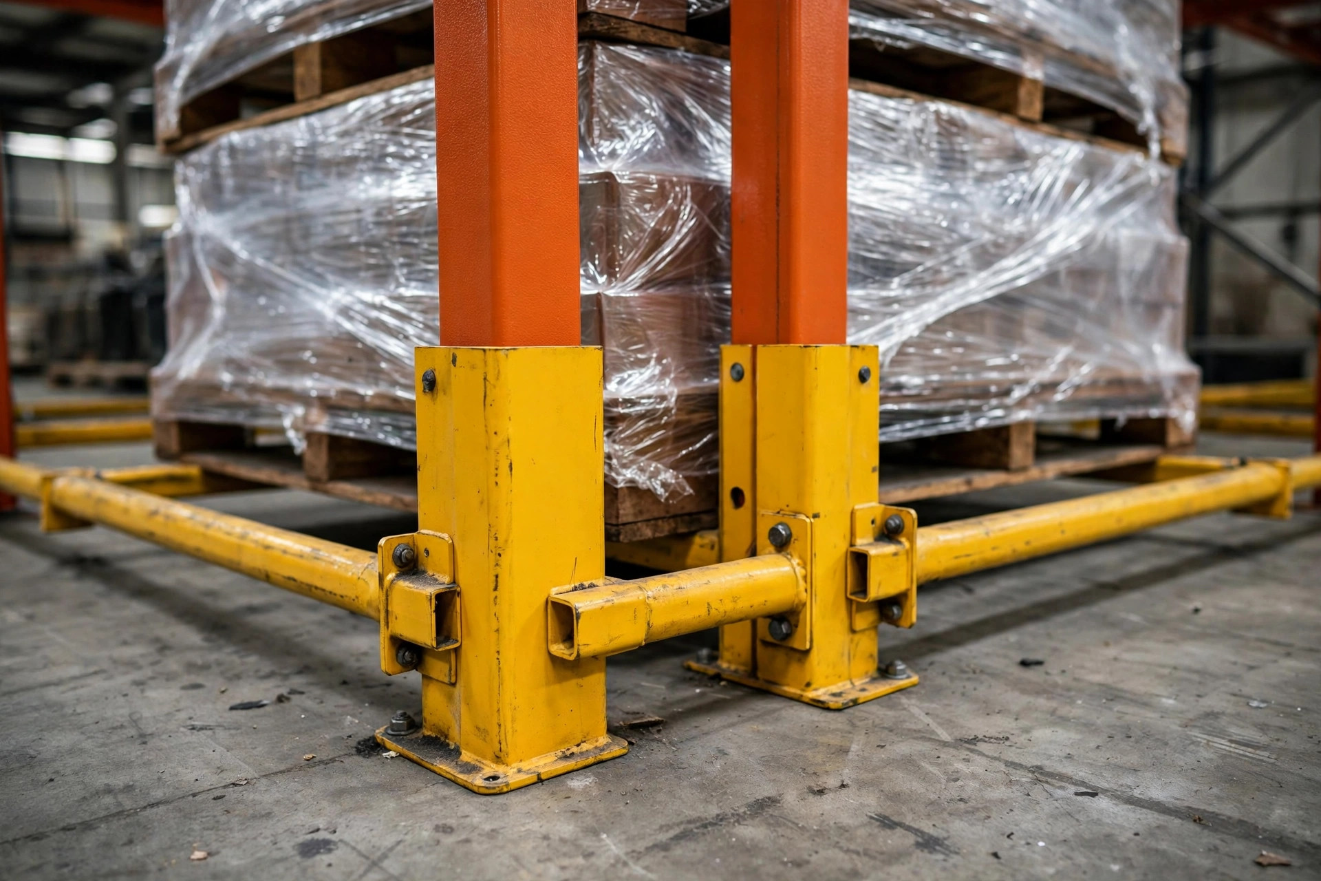 A forklift working near a pedestrian walkway in a warehouse