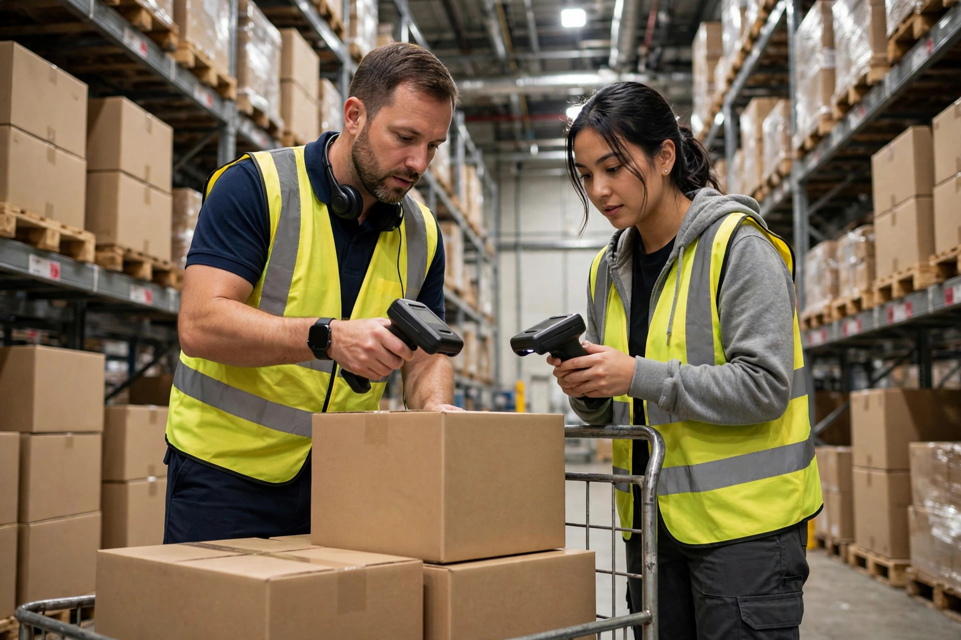 A trainer showing a new temp worker how to scan with an RF gun
