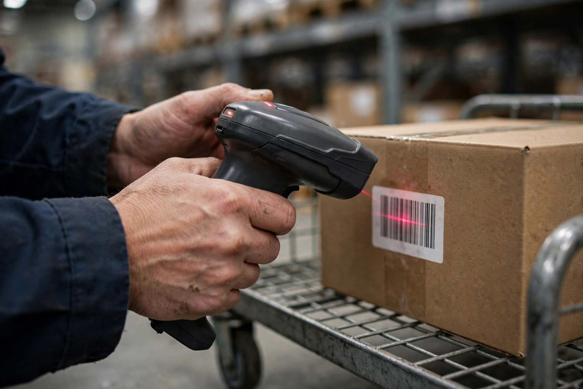 Order picker scanning cartons in a warehouse aisle