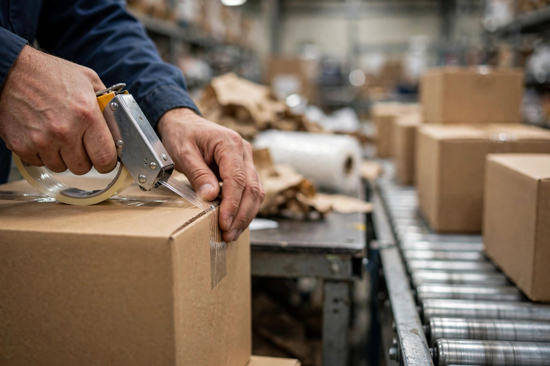 Packing line workers sealing cartons