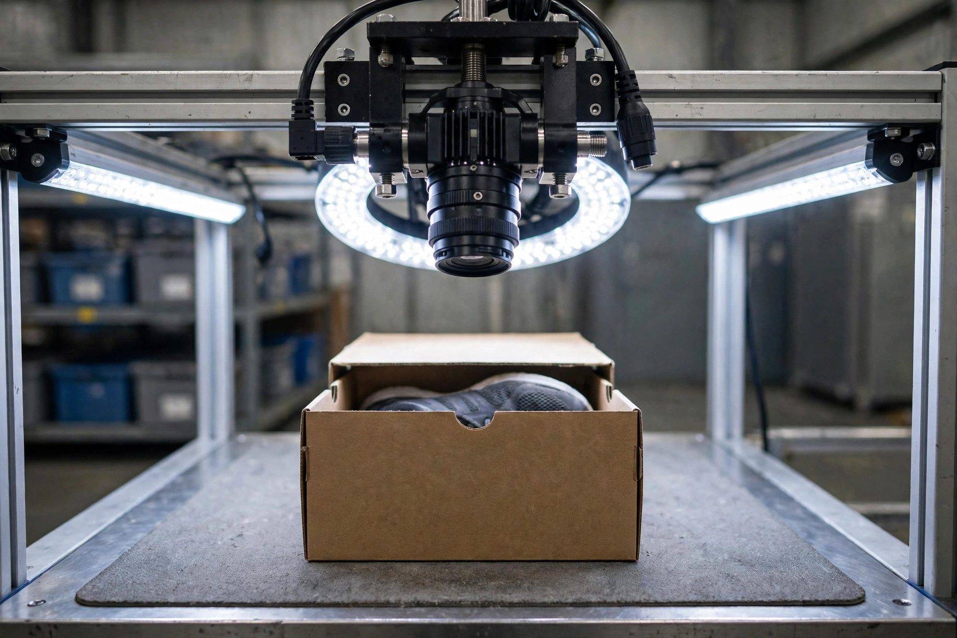 Machine vision camera inspecting a returned product at a warehouse returns station