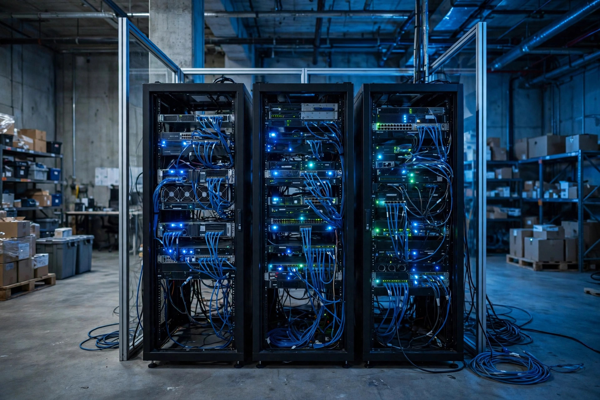 On-premise server racks in the warehouse office