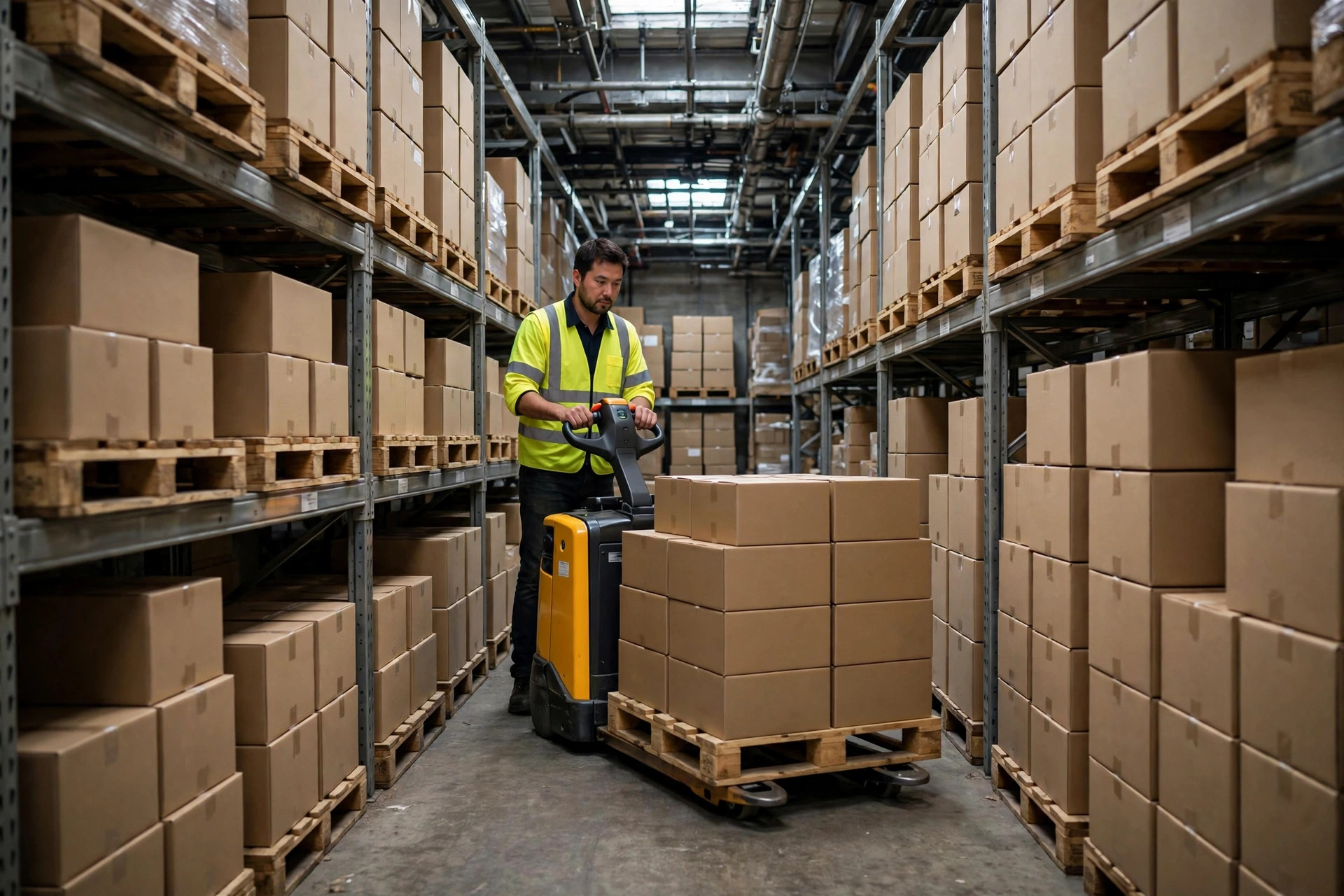 Electric pallet jack working in a narrow aisle