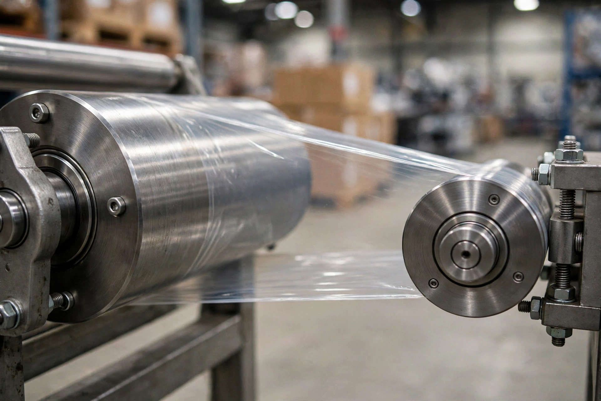 Close-up of the pre-stretch roller mechanism