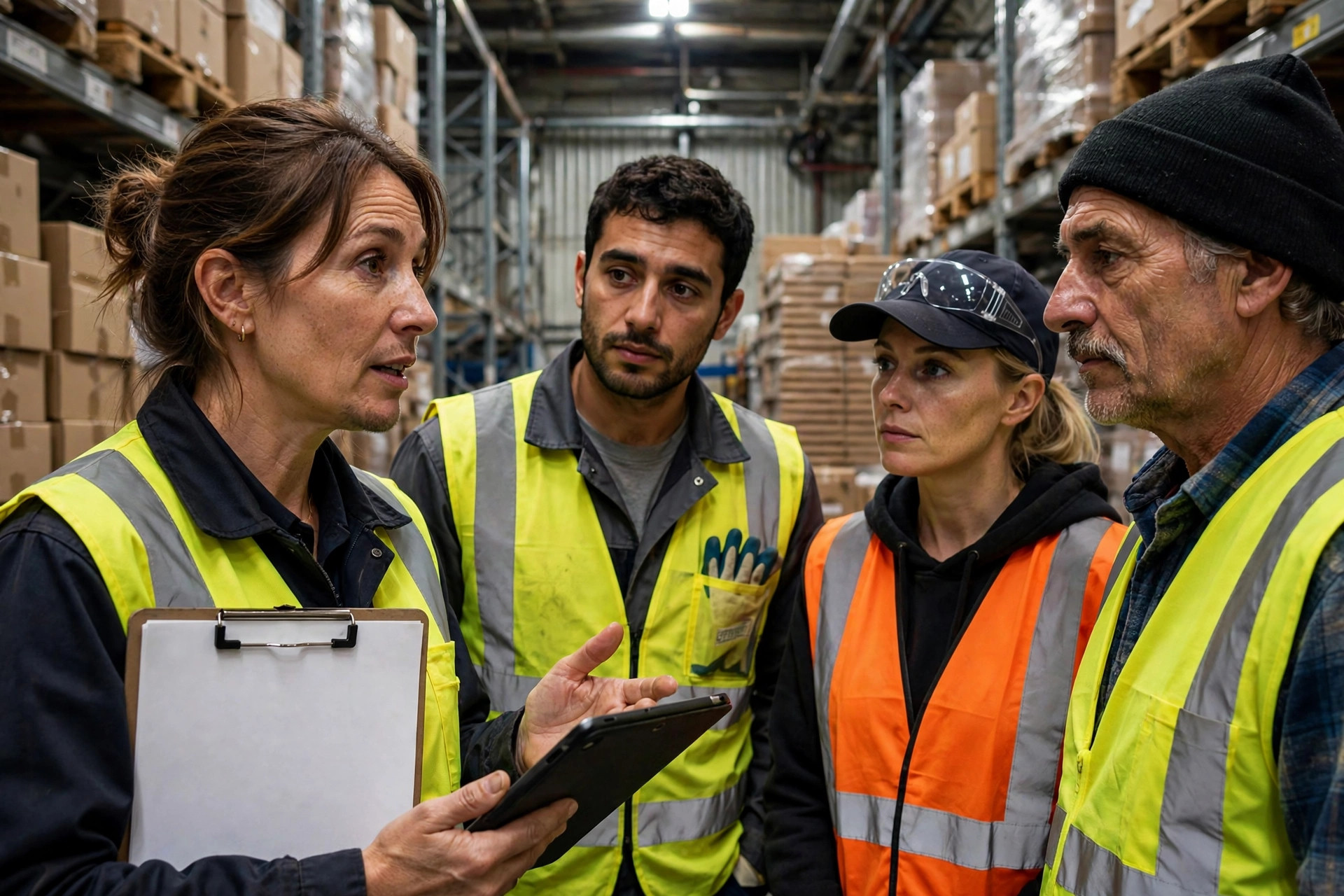 Staffing supervisor briefing temp workers at shift start in a warehouse aisle