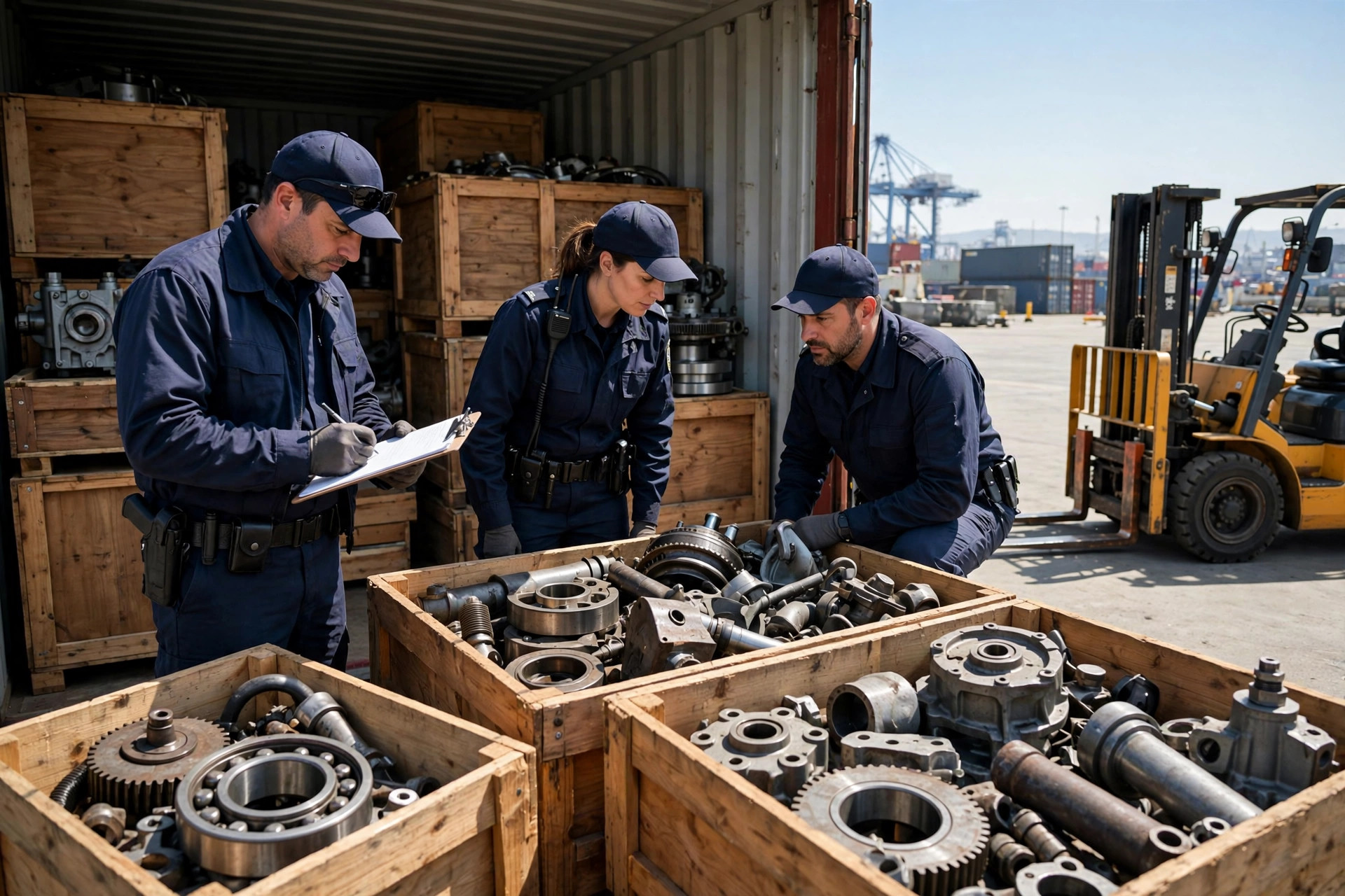 Customs officers inspecting a shipping container