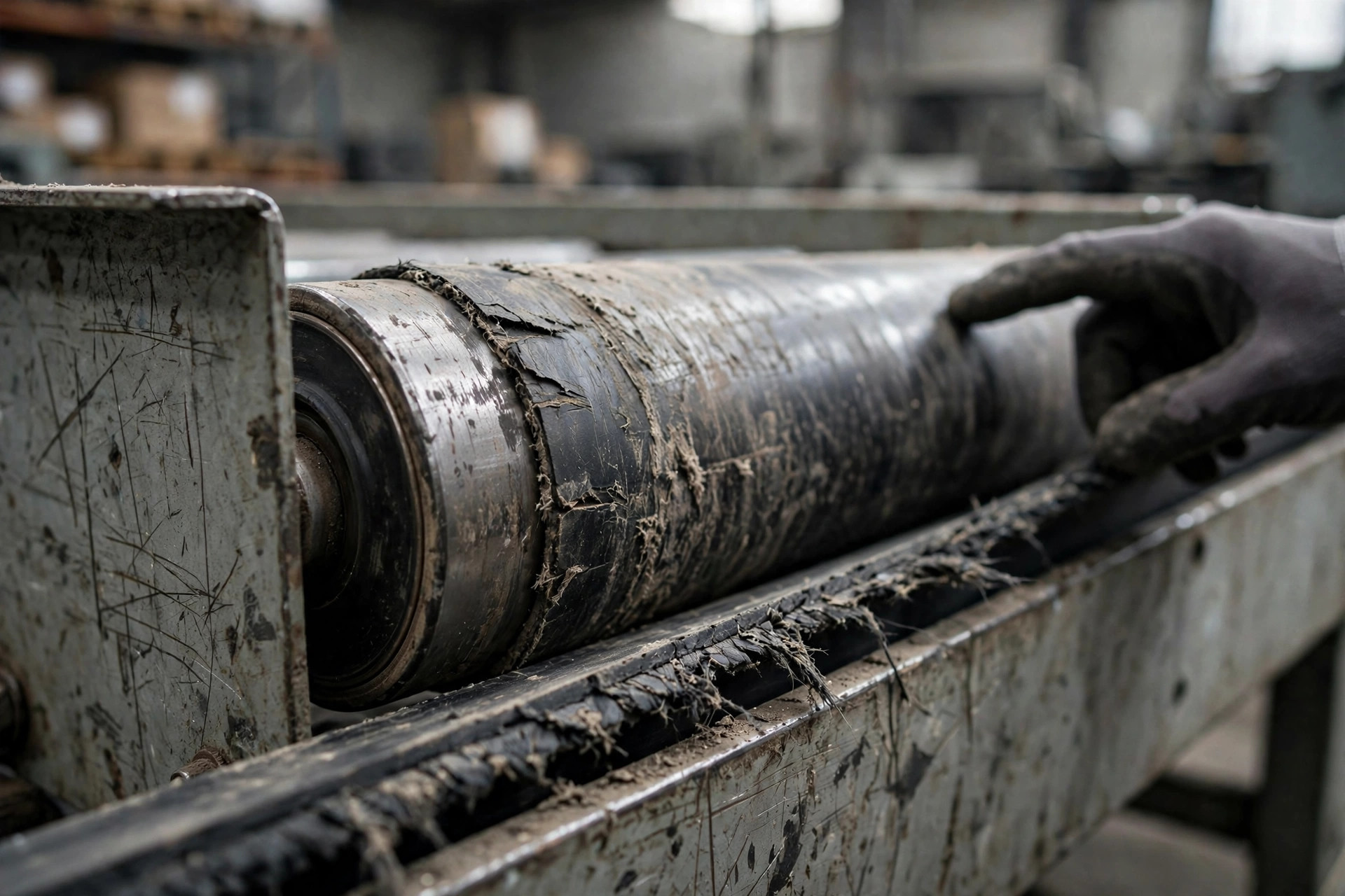 Close-up inspection of a worn used conveyor roller