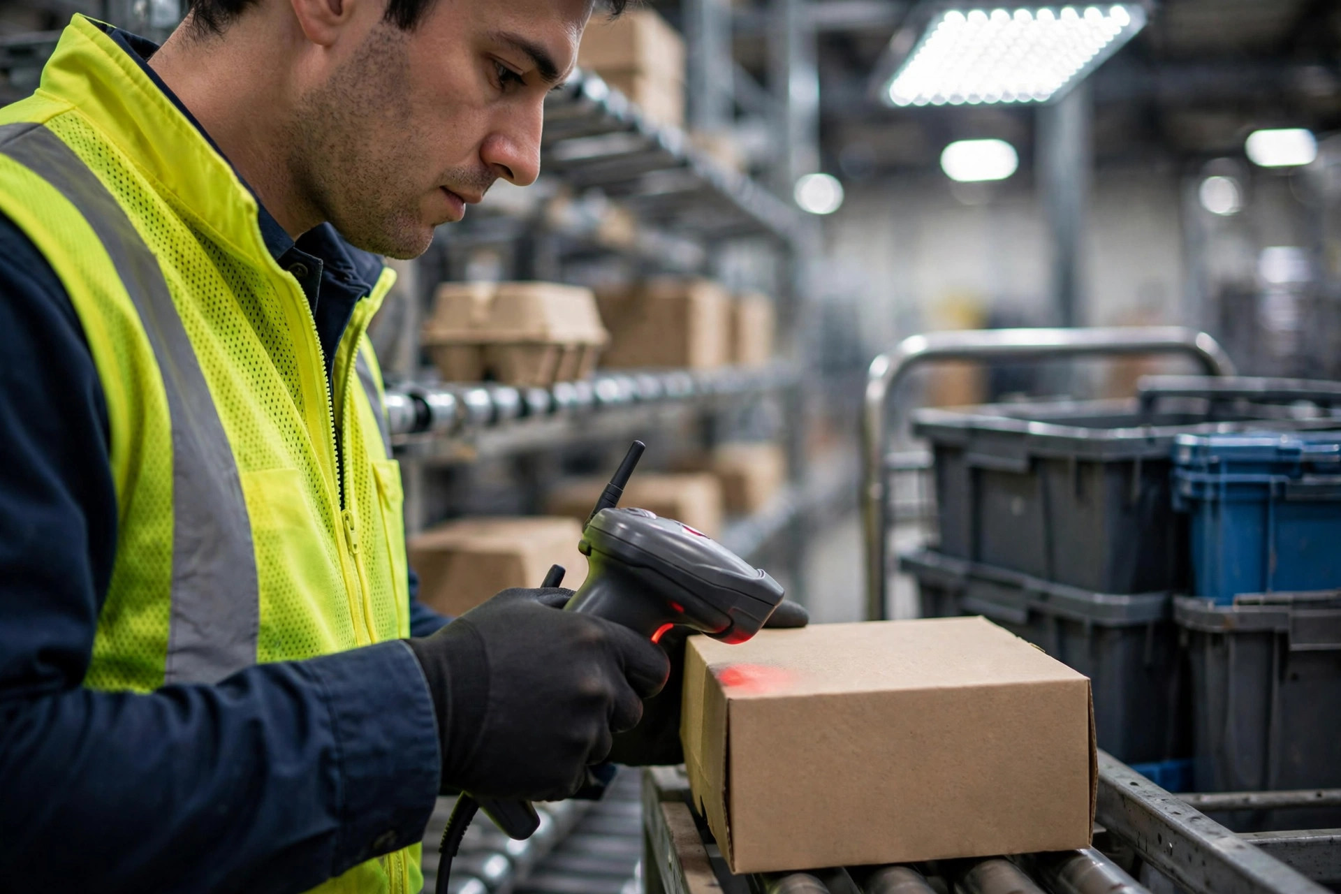 An order picker scanning a carton with a handheld RF scanner at a carton-flow rack