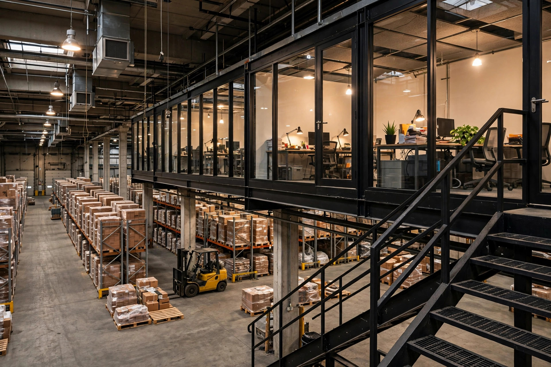 Warehouse interior with glass-walled office mezzanine and staircase above the warehouse floor