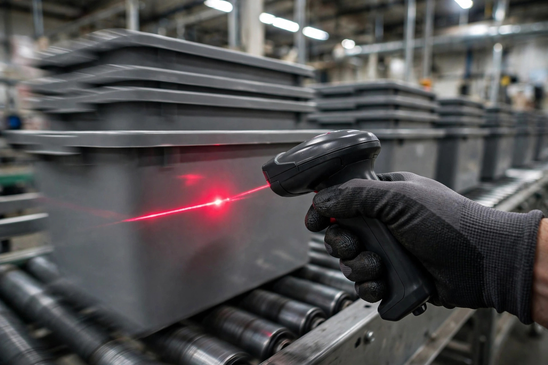 A worker scanning a moving tote on a conveyor with a handheld scanner, red scan beam visible