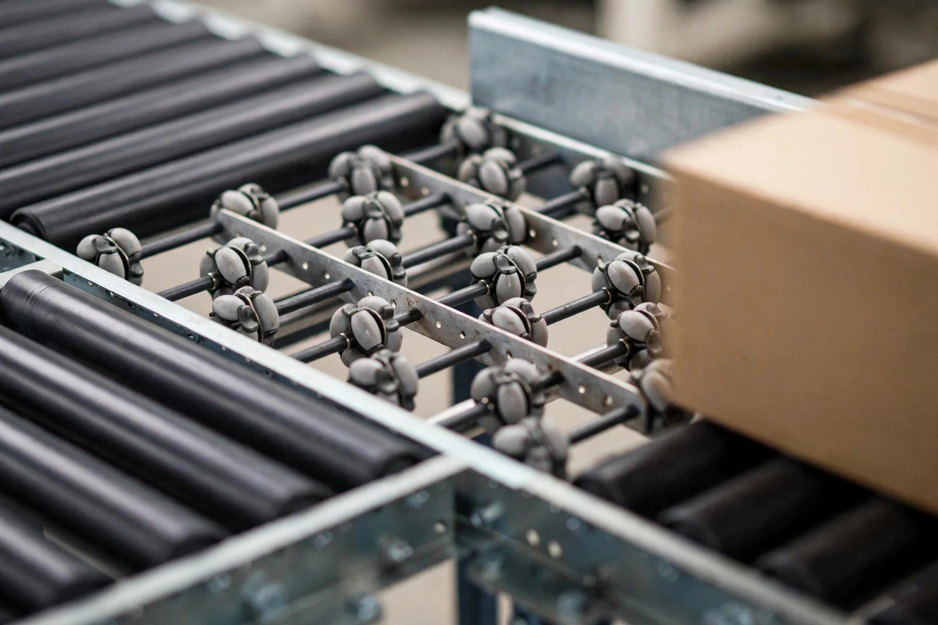Close-up of wheel diverter modules: angled wheels kicking a carton sideways