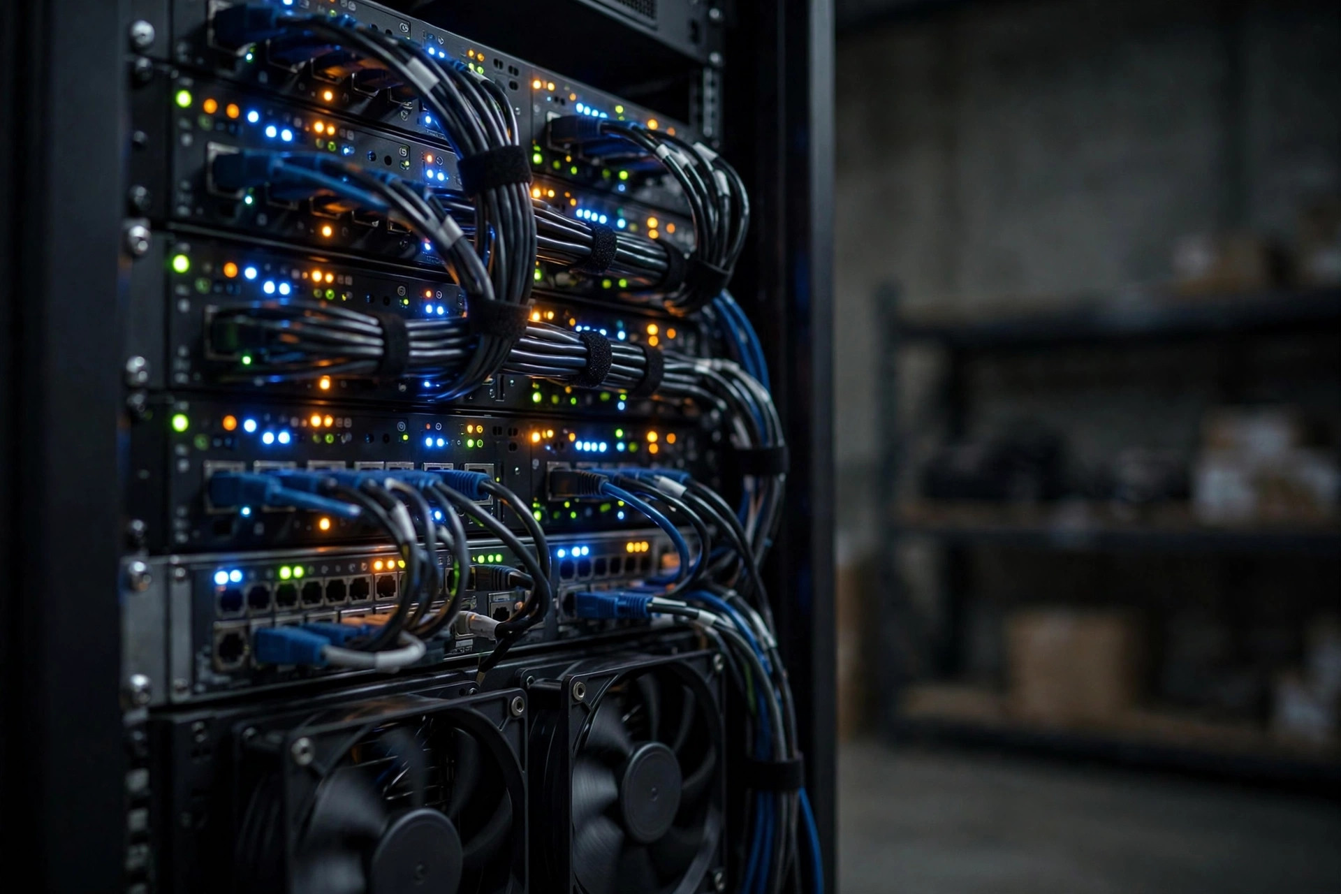 Network server rack in a warehouse office: cable bundles and status LEDs