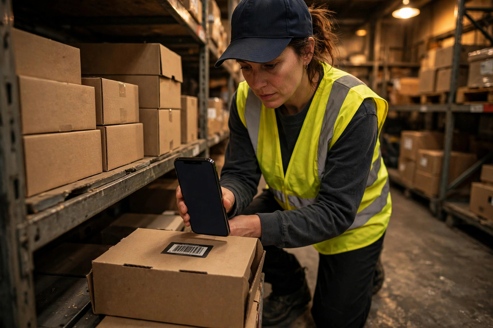 A small-warehouse worker scanning a carton barcode with a smartphone