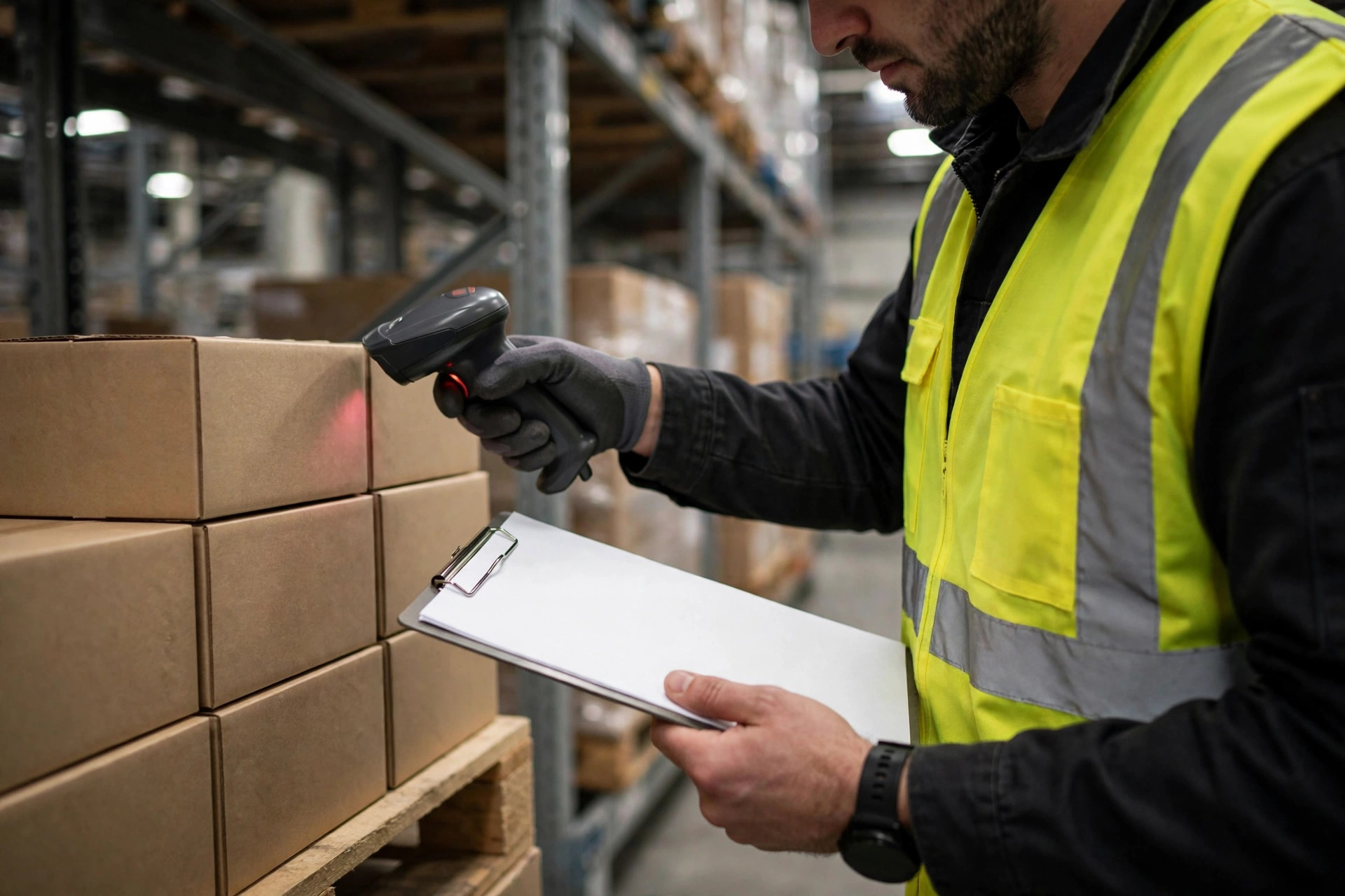 A worker verifying cartons with a handheld scanner, holding a clipboard
