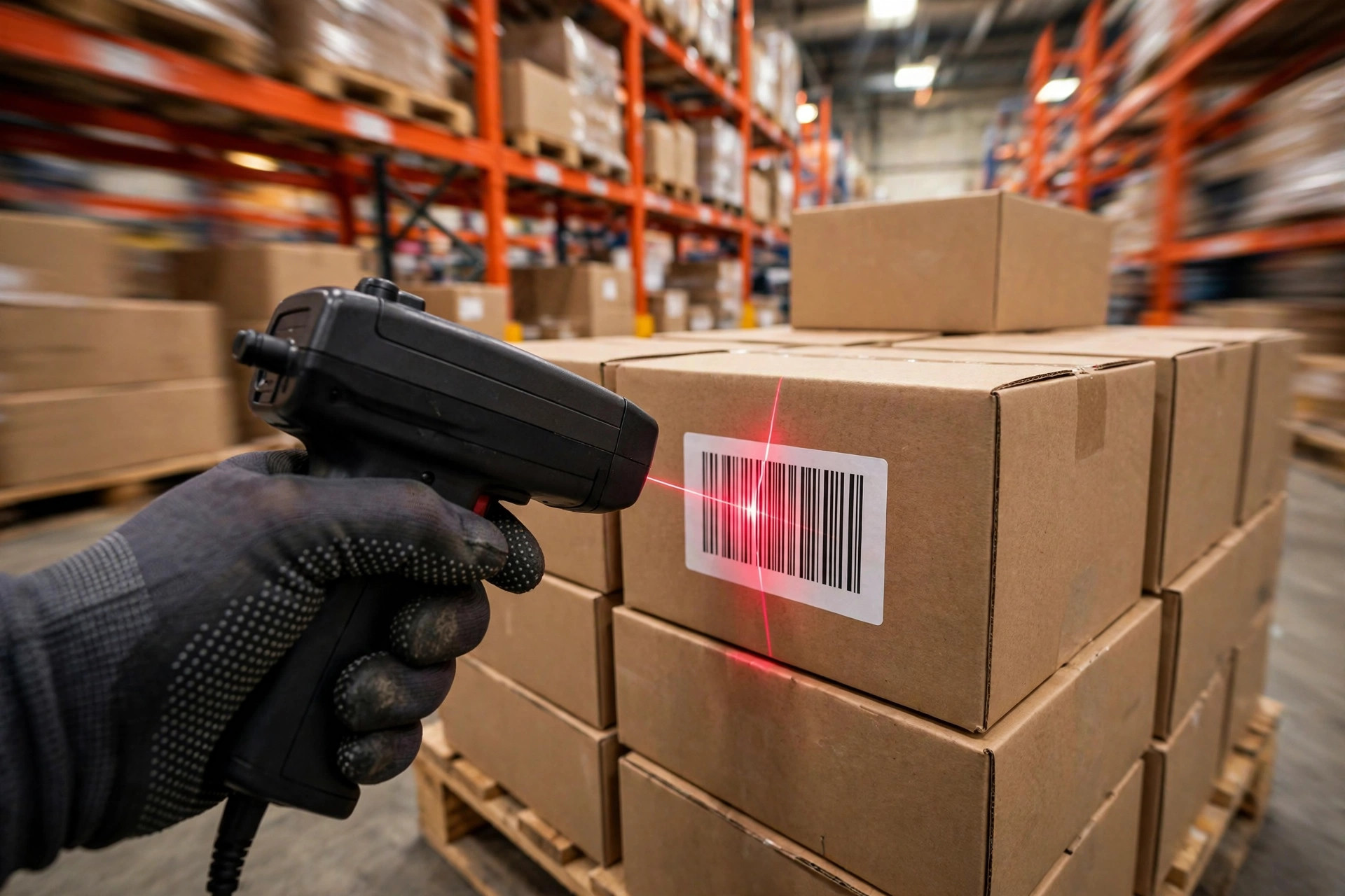 Warehouse associate scanning location barcode with handheld terminal