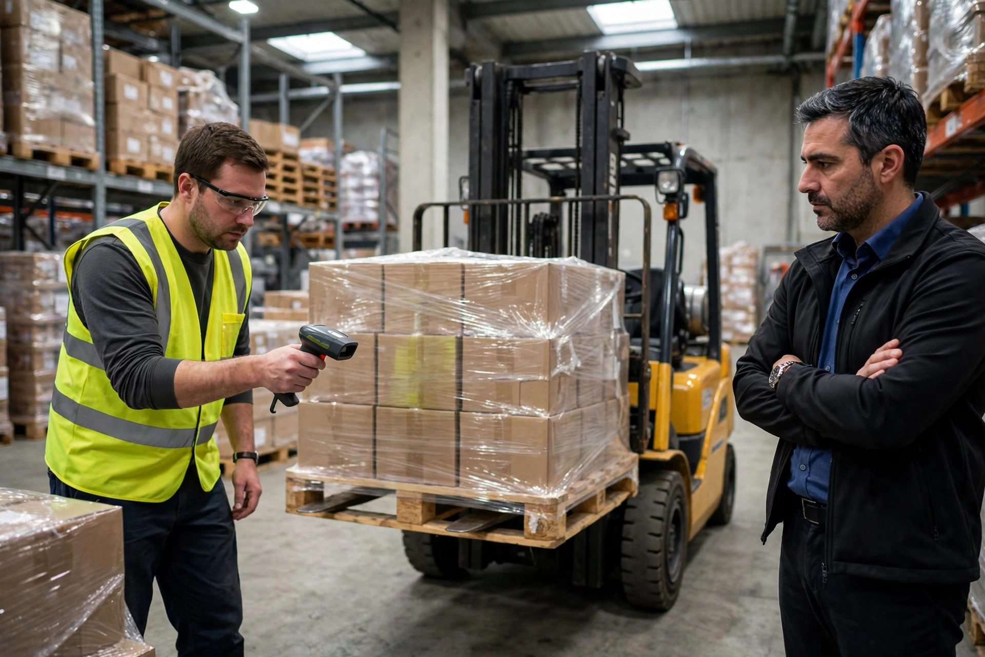 POC pilot: a worker scanning palletized goods while a forklift operates nearby