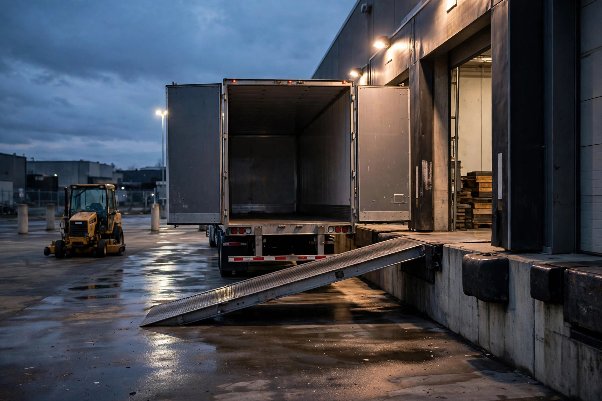 A semi-trailer backing into a warehouse dock door — a yard orchestration moment
